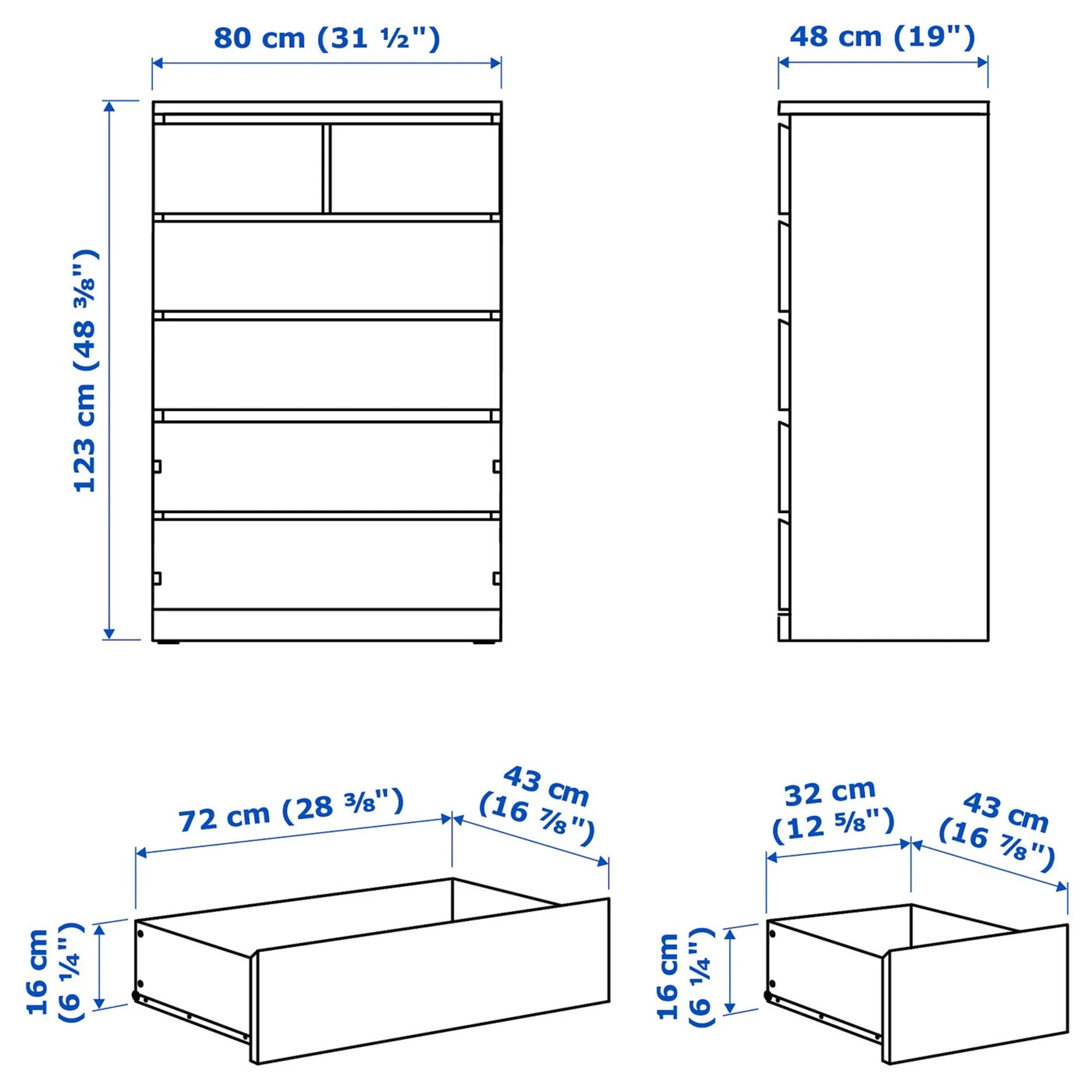 IKEA MALM Chest of 6 Drawers 80x123cm White stained oak veneer