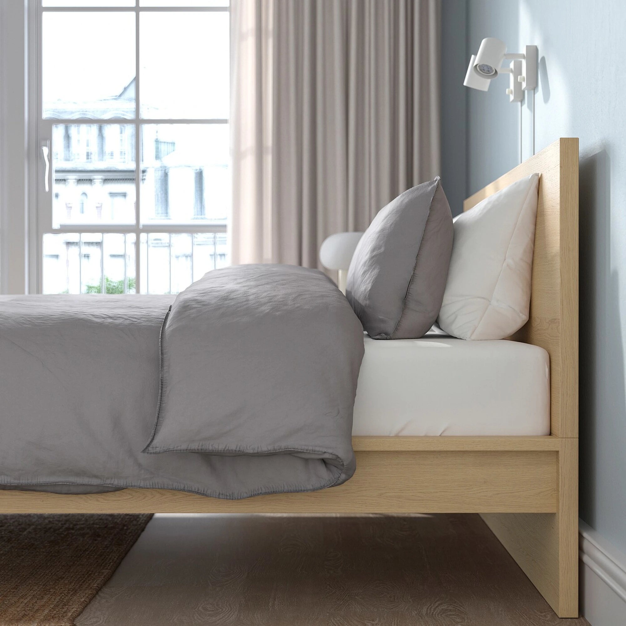 IKEA MALM Small Queen Bed Frame, High, White Stained Oak Veneer & Luroy