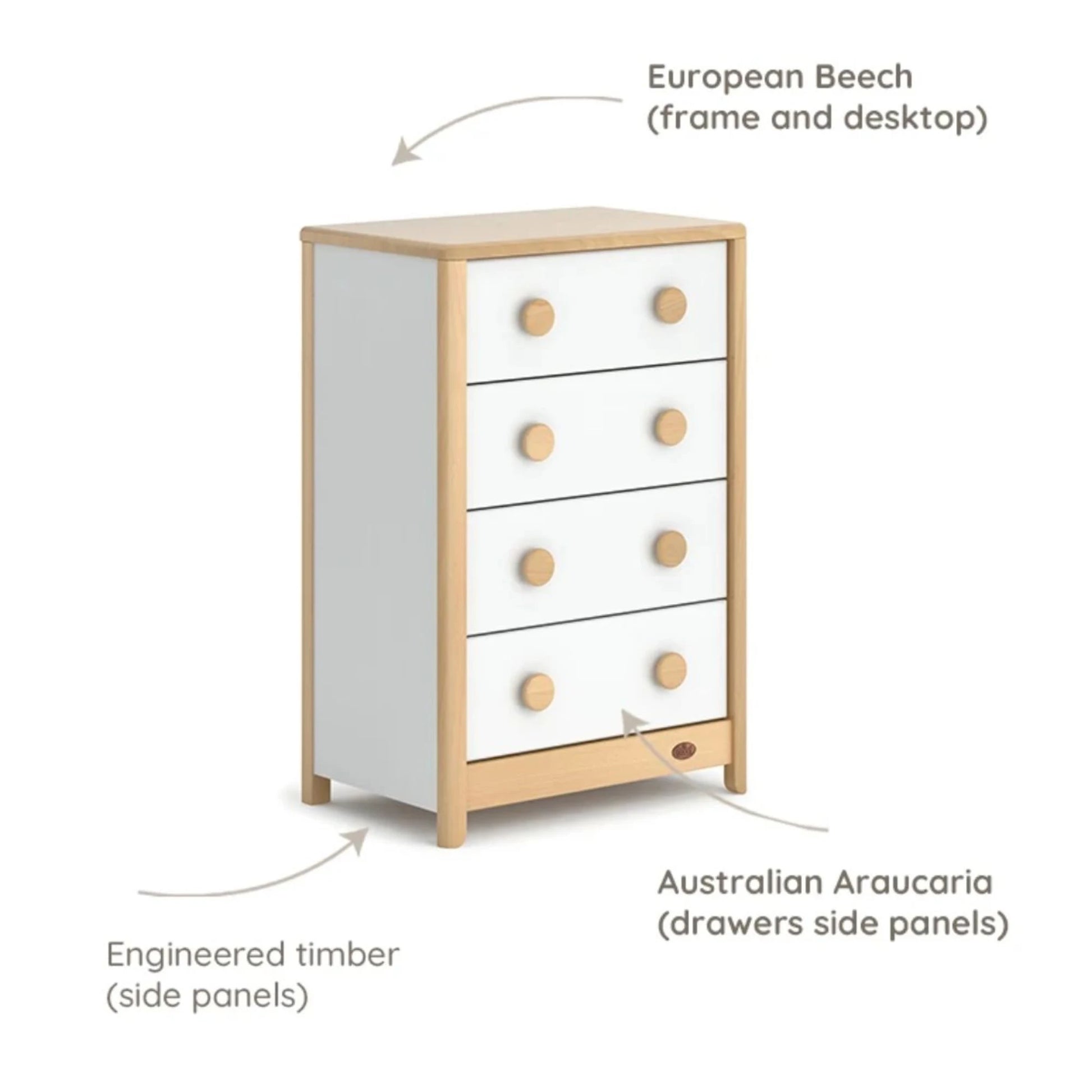 Boori Byron Kids 4 Drawer Chest, Barley White