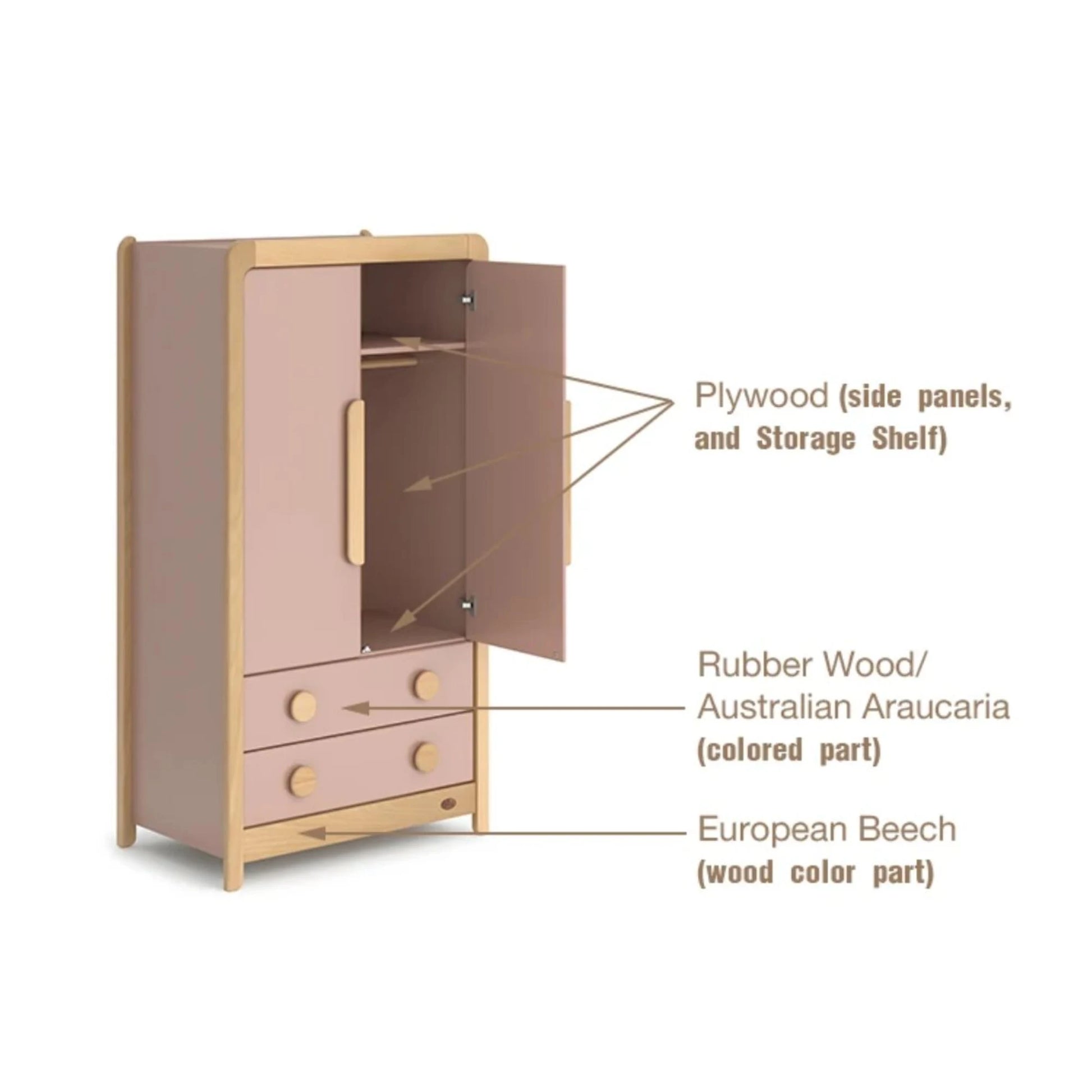 Boori Byron Kids 2 Door wardrobe with 2 drawers, Cherry