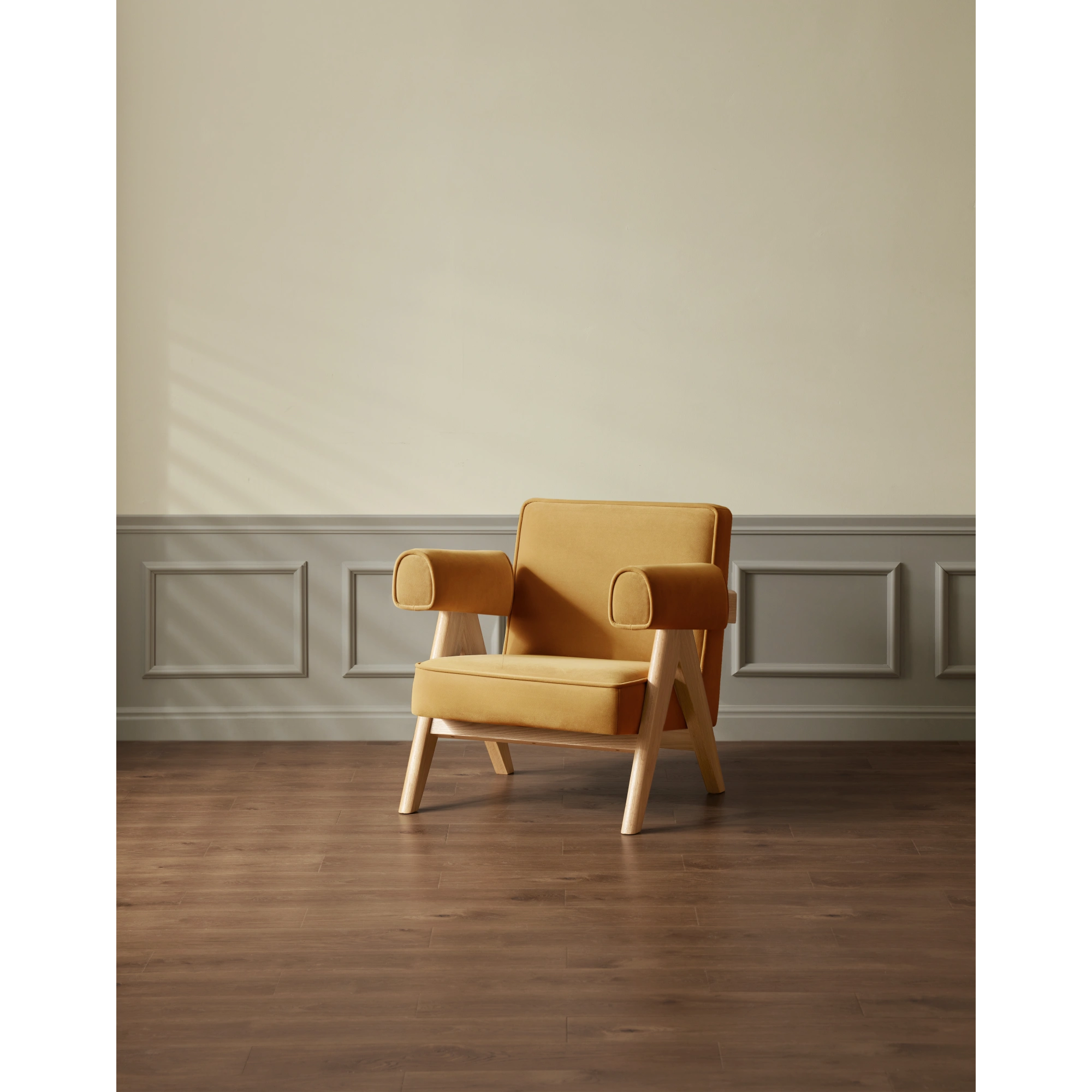 Solidwood Amber Flannelette Armchair, Yellow & Natural Wood