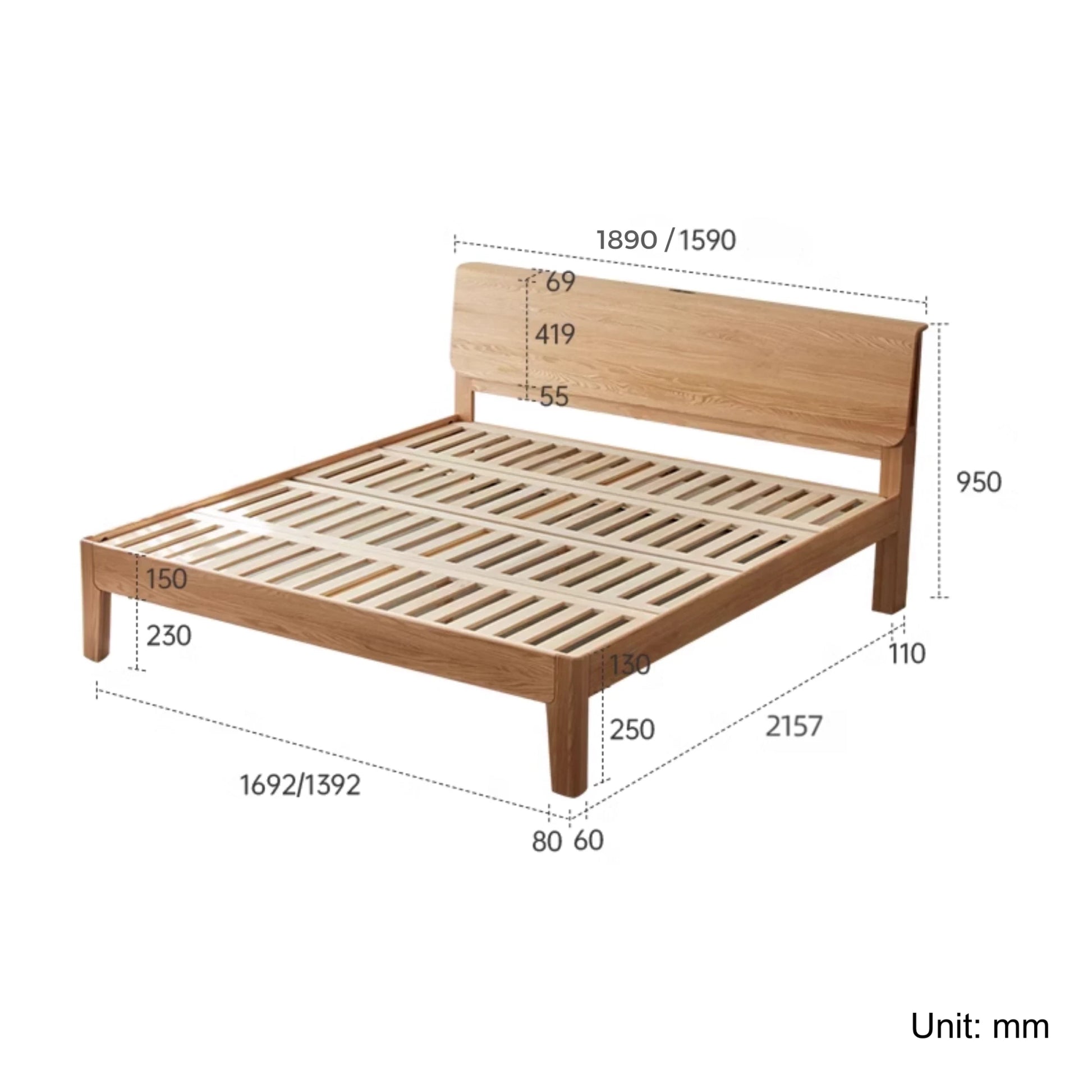 Solidwood Bailey Bed Frame, High Profile, Natural Wood