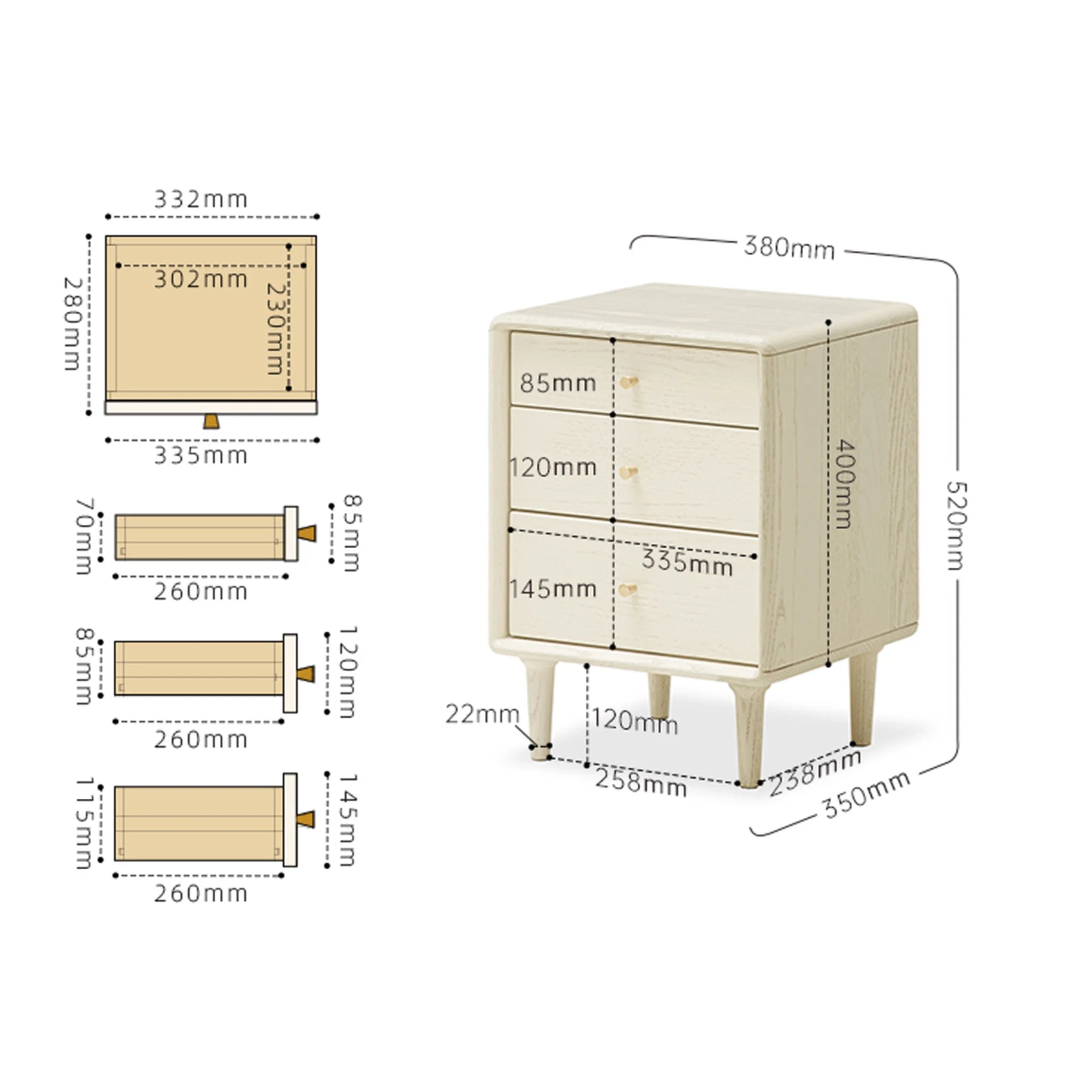 Solidwood Dolce 3-Drawer Bedside Table