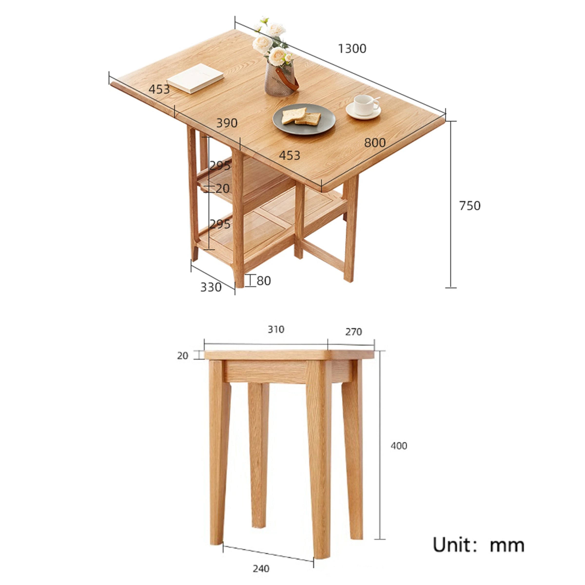 Solidwood Kano Foldable Dining Table with 2 Stools