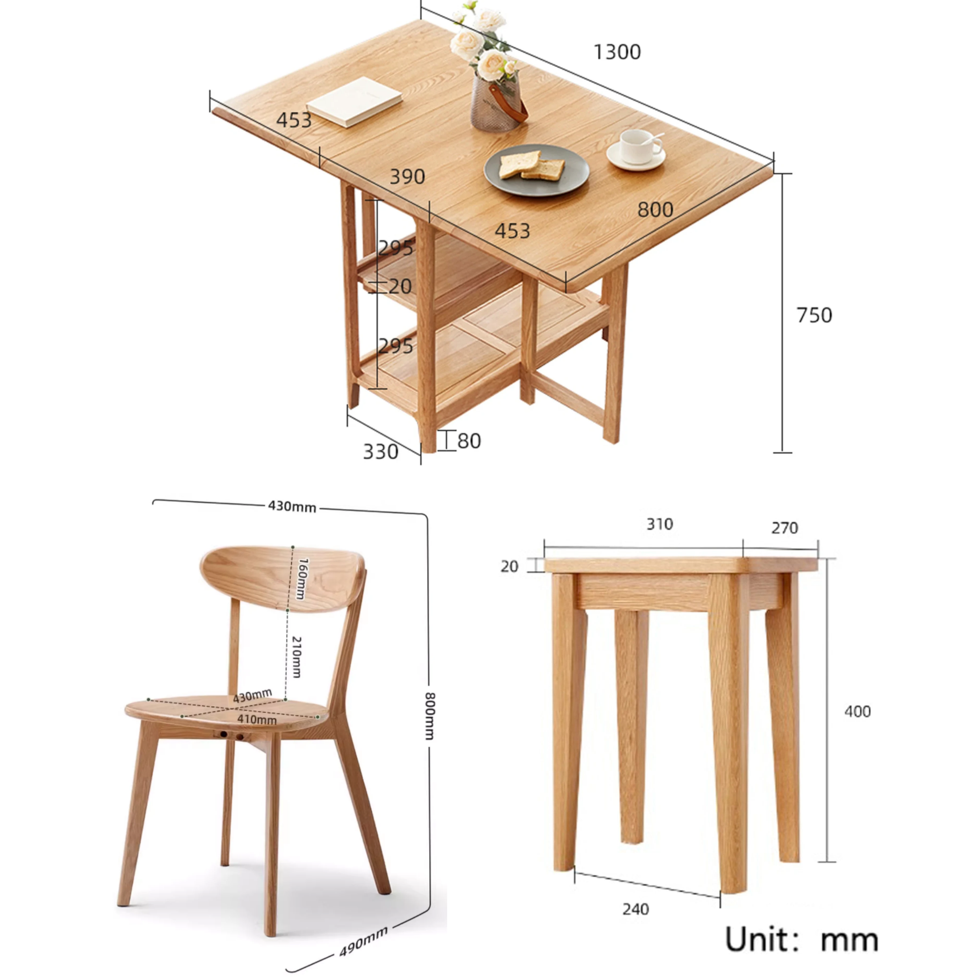Solidwood Kano Foldable Dining Table with 2 Chairs and 2 Stools
