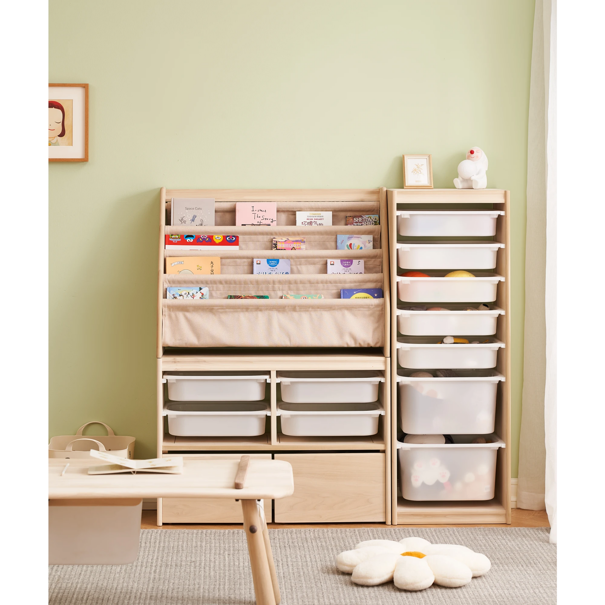Solidwood Mio Kids Bookshelf + Toy Storage Combination with 2 Drawers, Set of 3