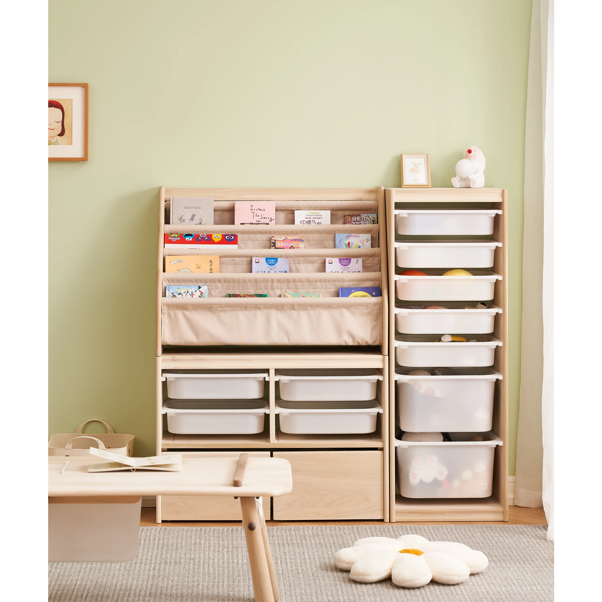 Solidwood Mio Kids Bookshelf + Toy Storage Combination with 2 Drawers, Set of 3