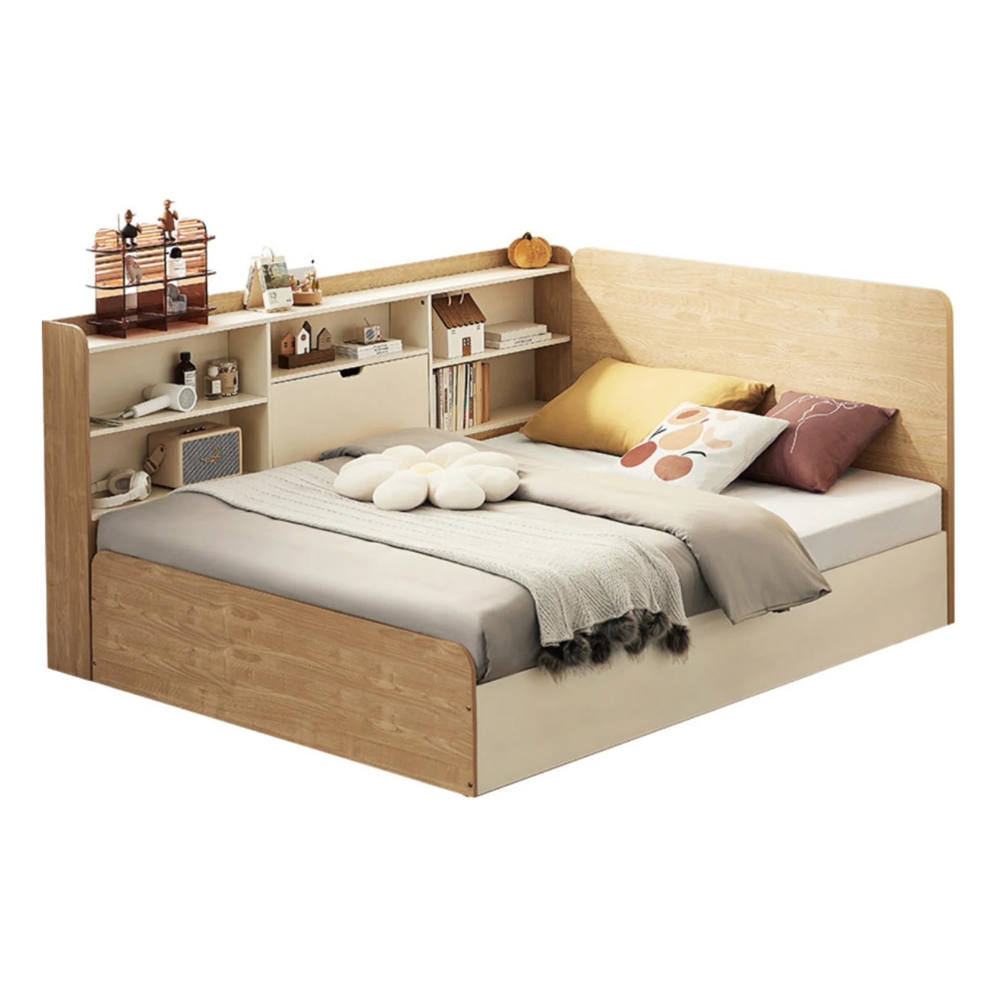 Linspire Juniper Bed Frame With Shelving Unit, Natural Wood, White