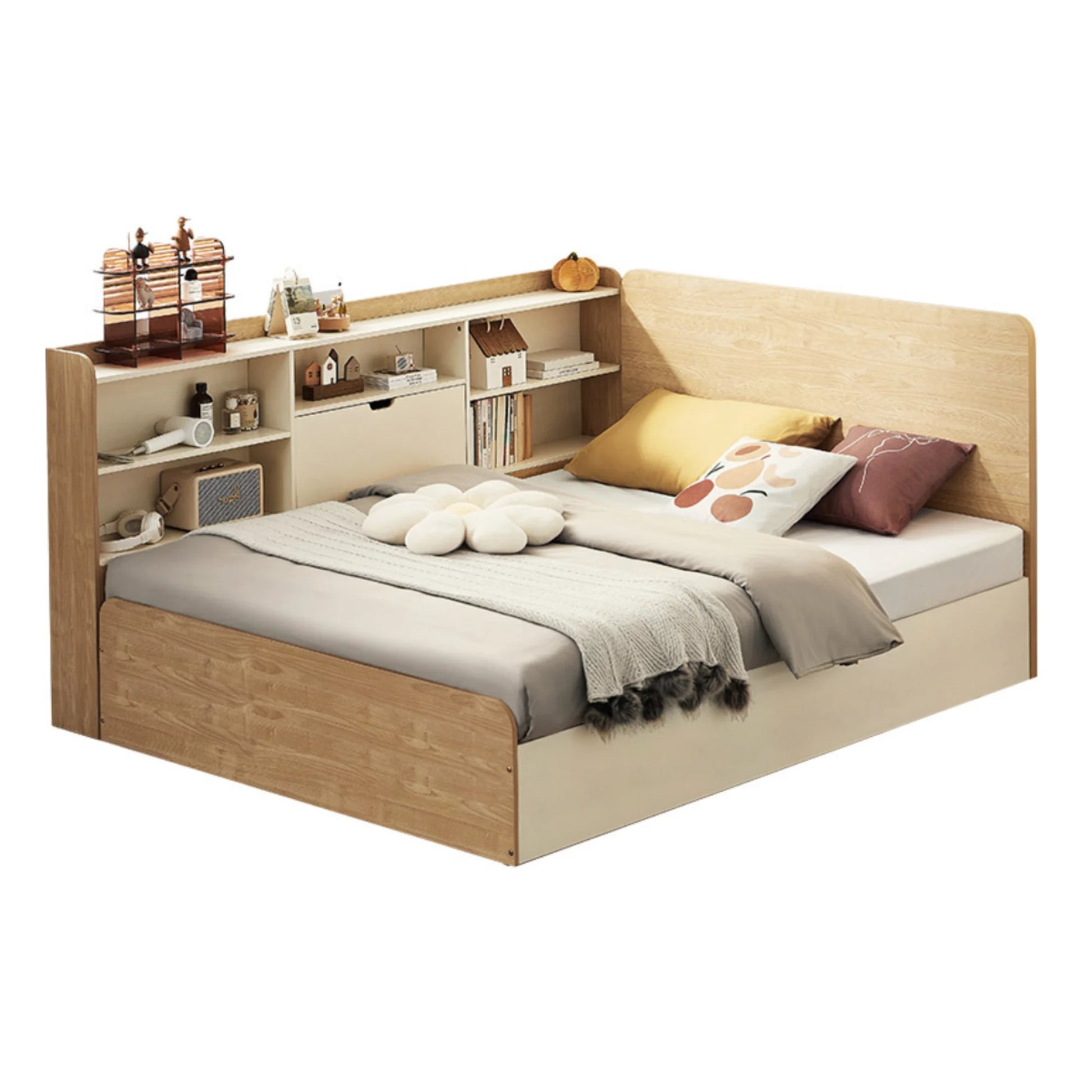 Linspire Juniper Bed Frame With Shelving Unit, Natural Wood, White