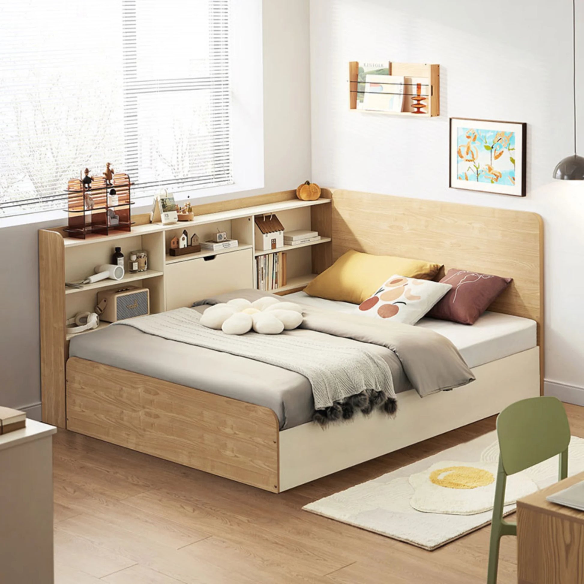 Linspire Juniper Bed Frame With Shelving Unit, Natural Wood, White