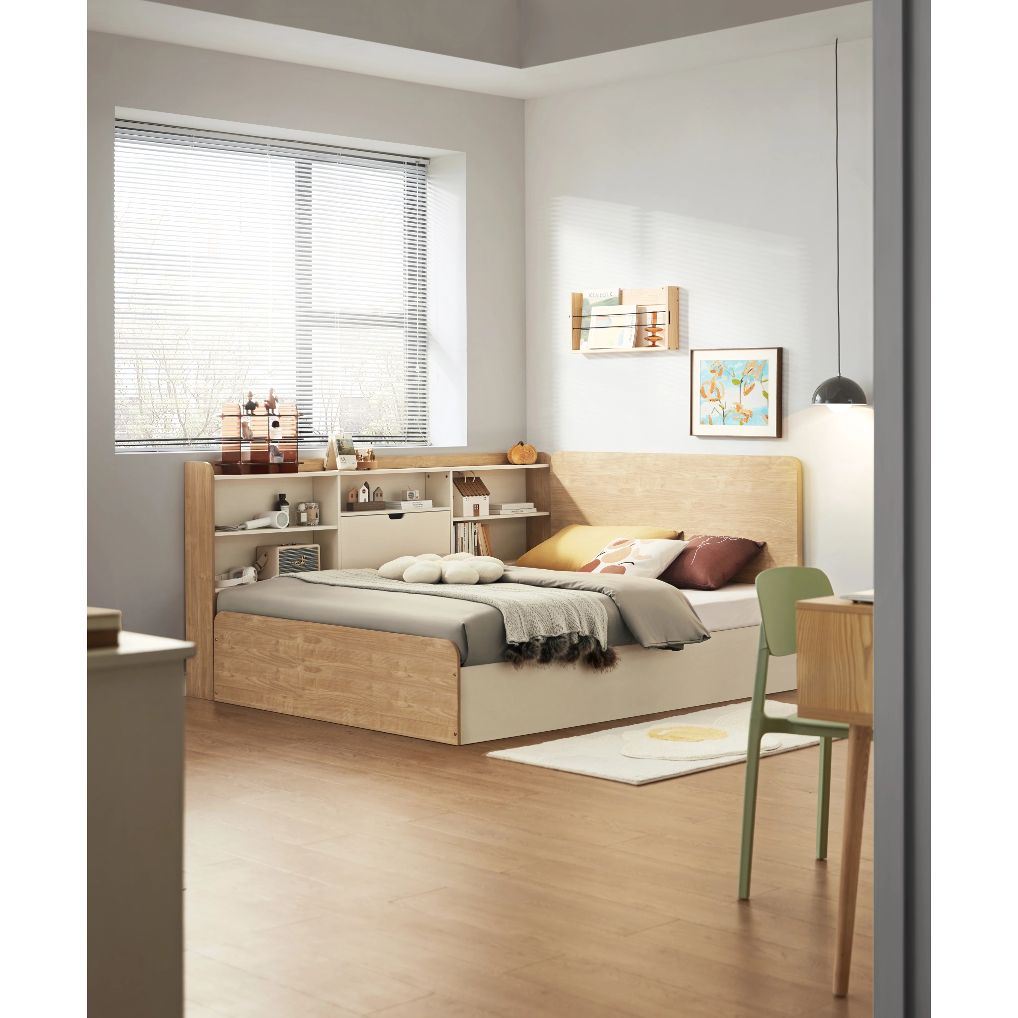 Linspire Juniper Bed Frame With Shelving Unit, Natural Wood, White