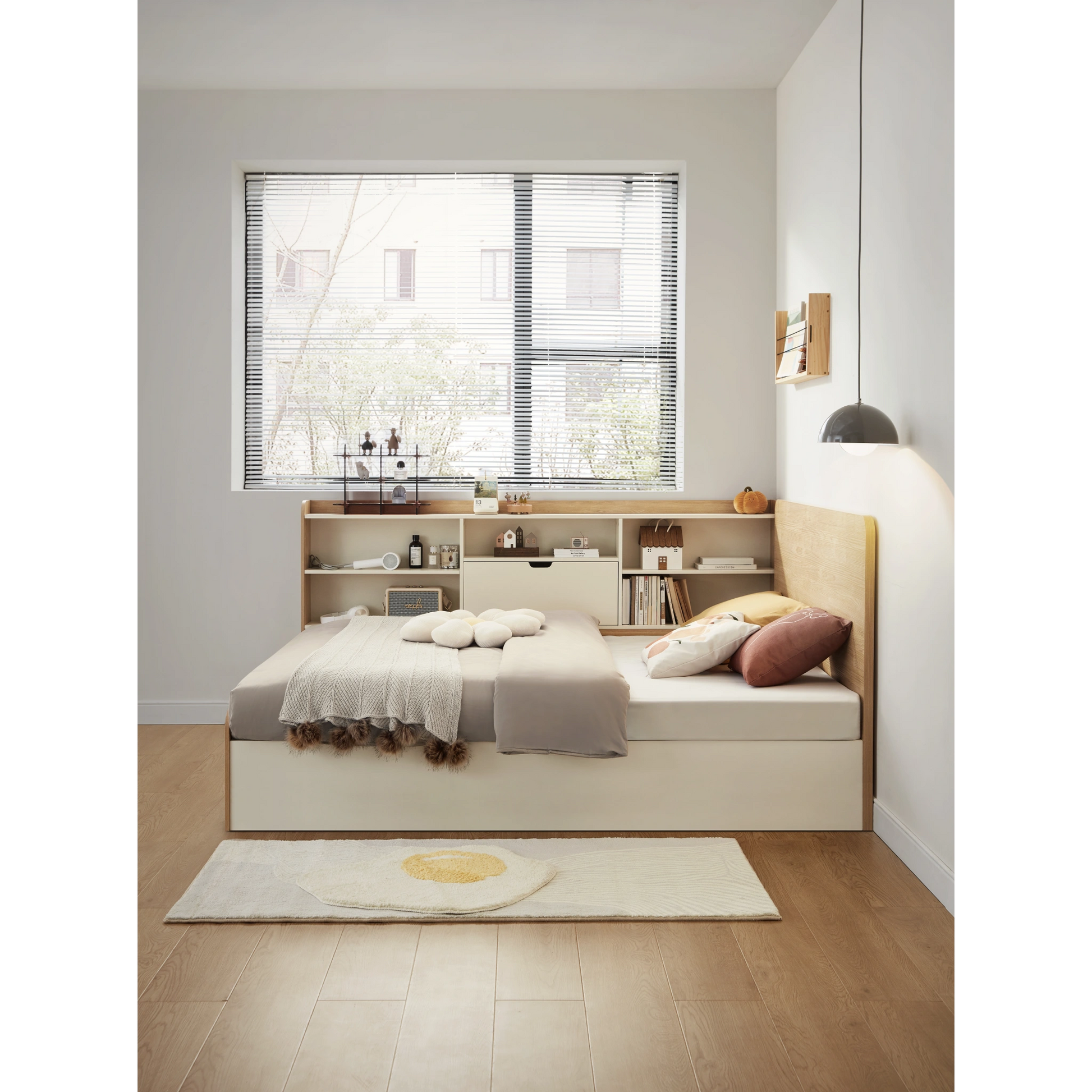 Linspire Juniper Bed Frame With Shelving Unit, Natural Wood, White