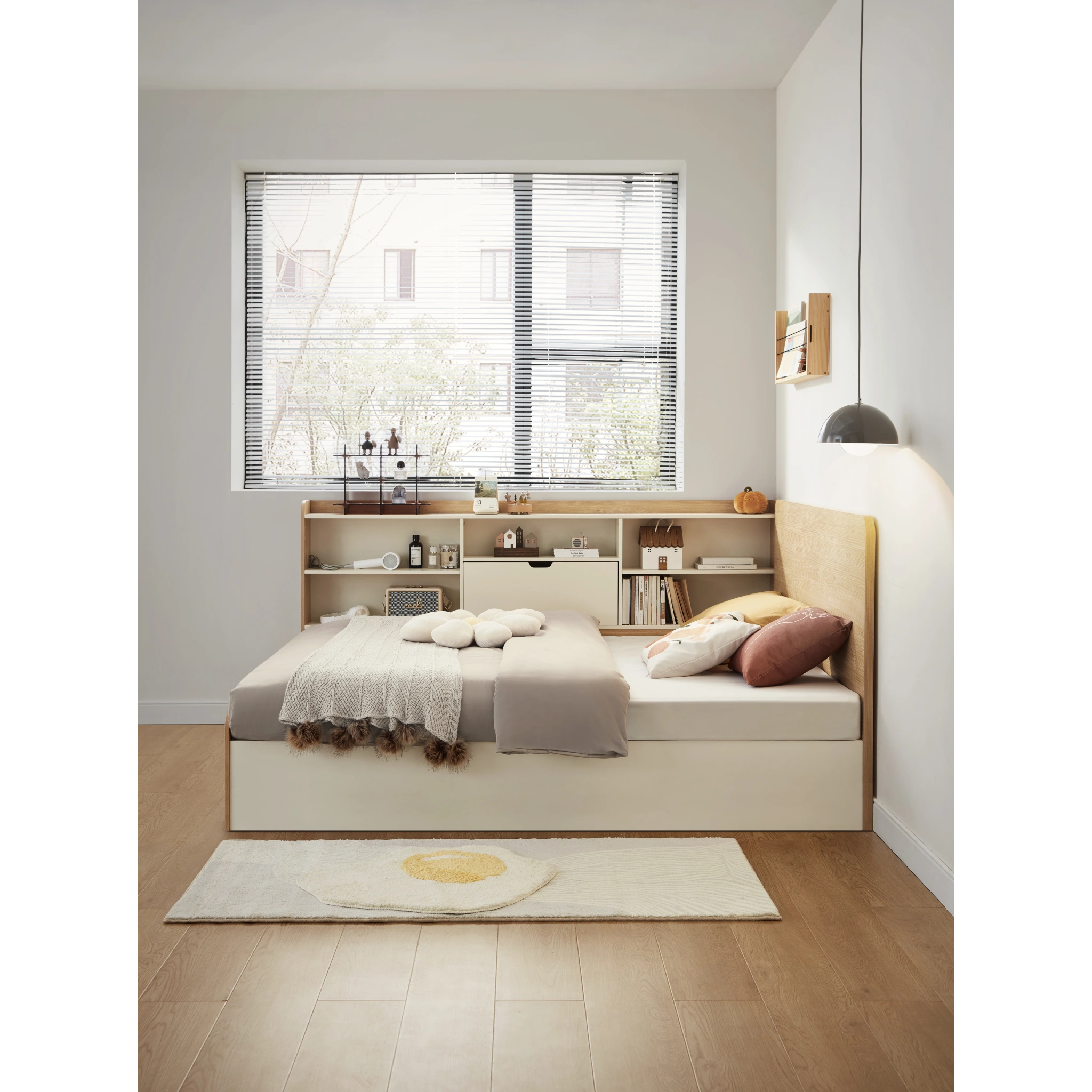 Linspire Juniper Bed Frame With Shelving Unit, Natural Wood, White