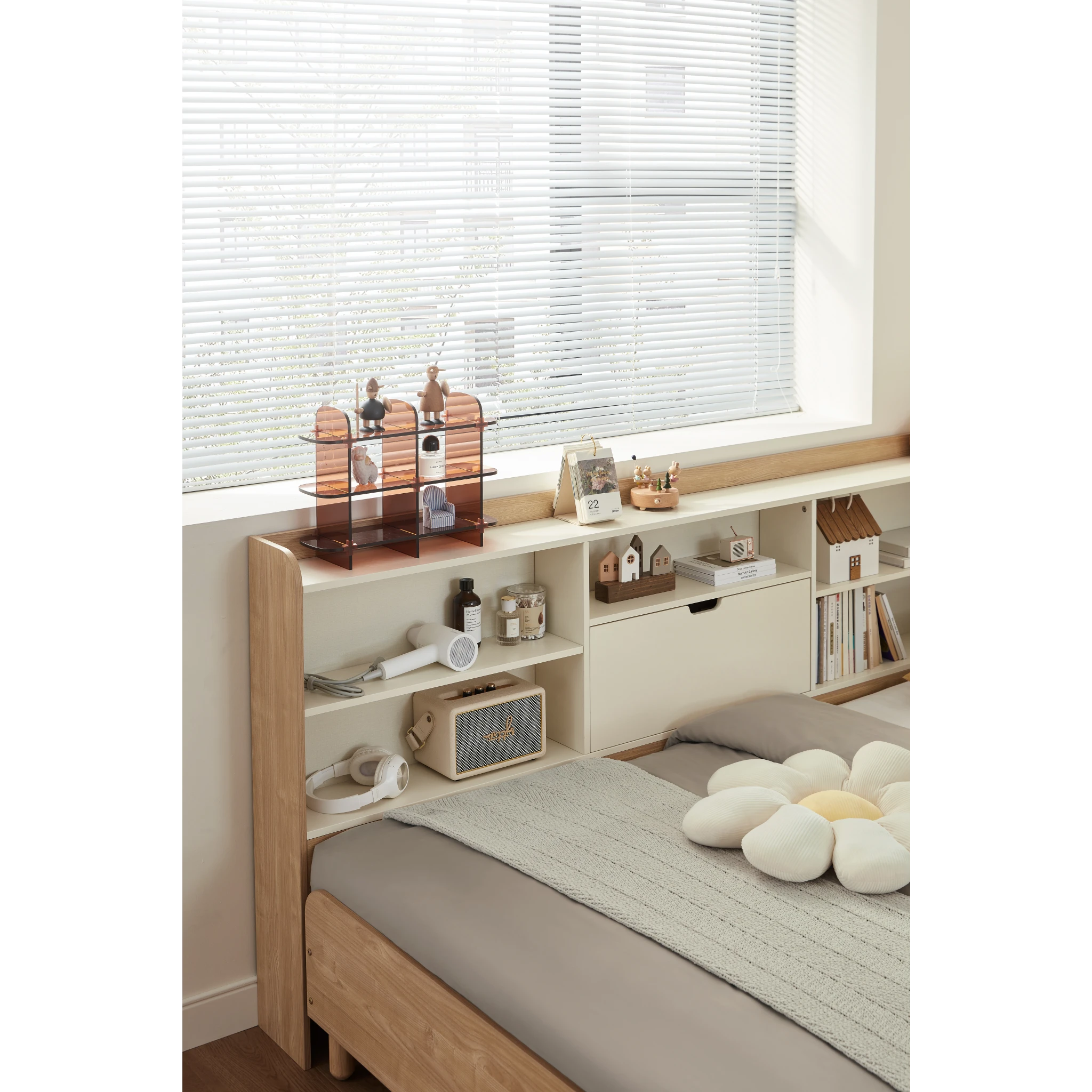 Linspire Juniper Bed Frame With Shelving Unit, Natural Wood, White