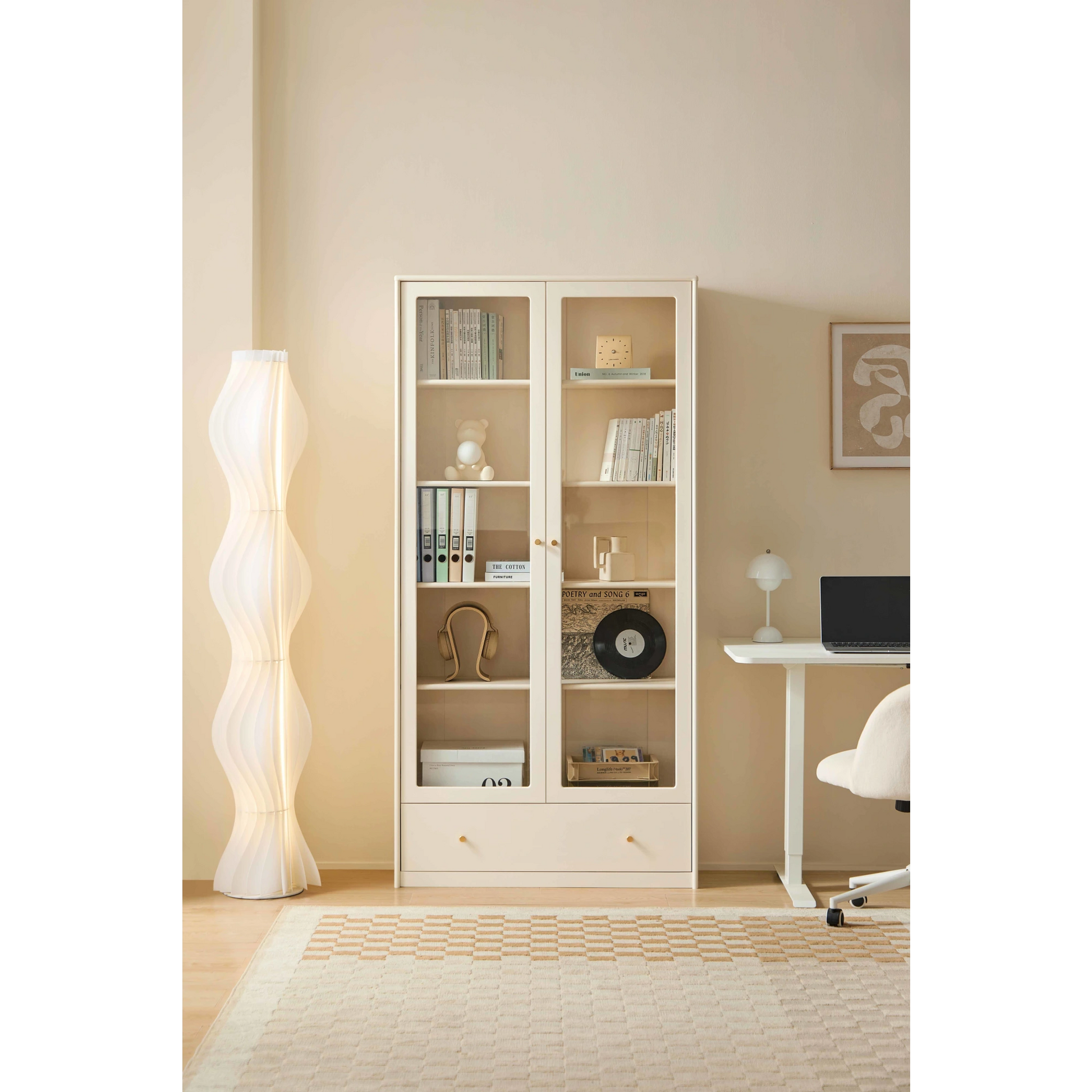Linspire Ventus Bookcase with Glass Door & Storage Drawers, Off-White