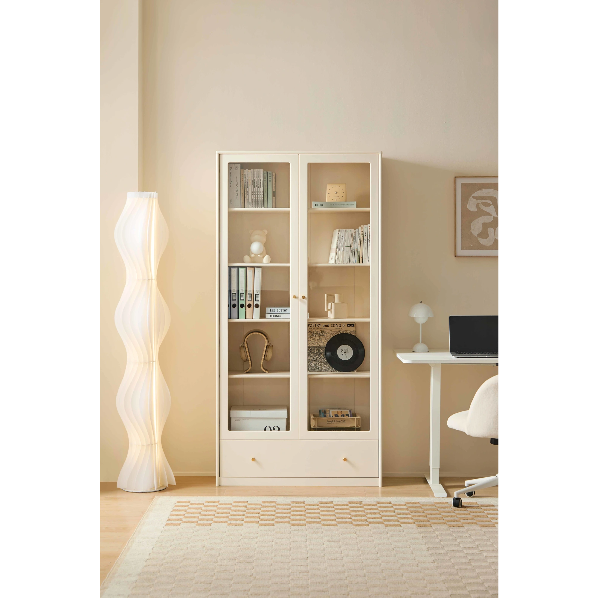 Linspire Ventus Bookcase with Glass Door & Storage Drawers, Off-White