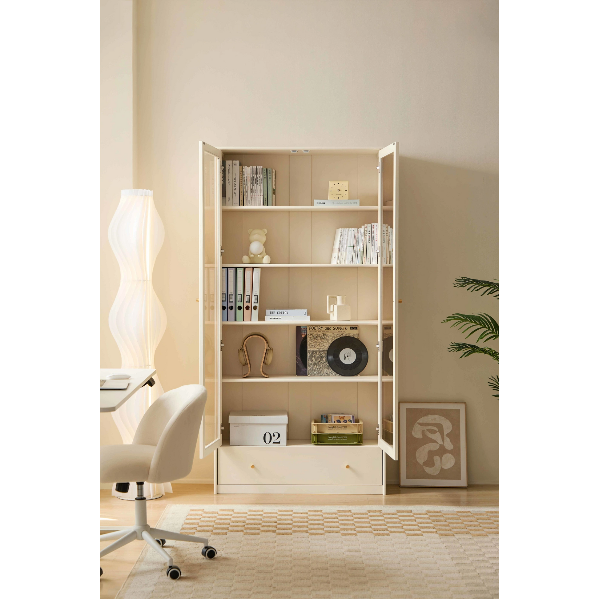 Linspire Ventus Bookcase with Glass Door & Storage Drawers, Off-White