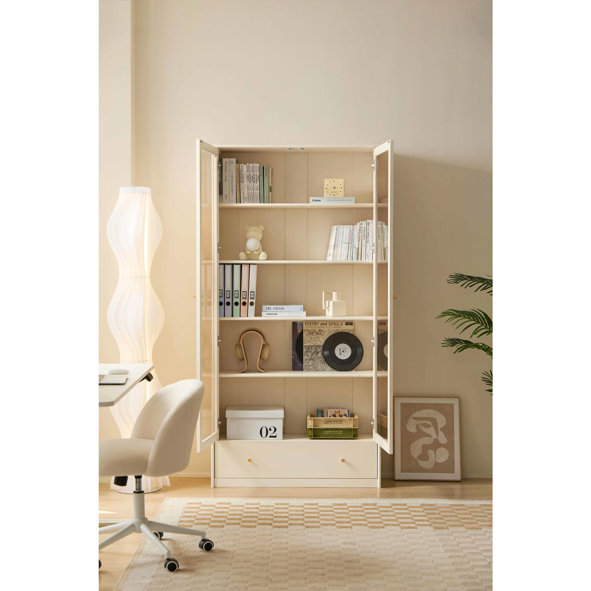 Linspire Ventus Bookcase with Glass Door & Storage Drawers, Off-White
