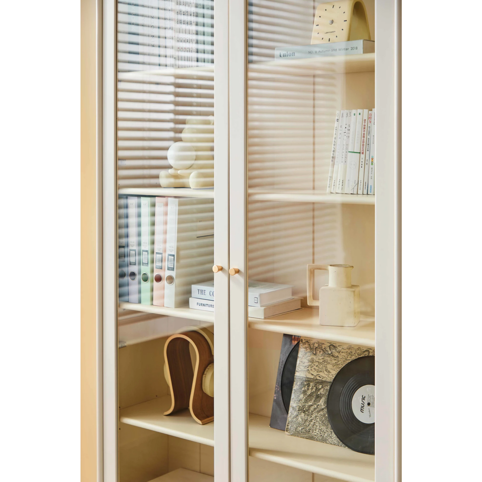 Linspire Ventus Bookcase with Glass Door & Storage Drawers, Off-White