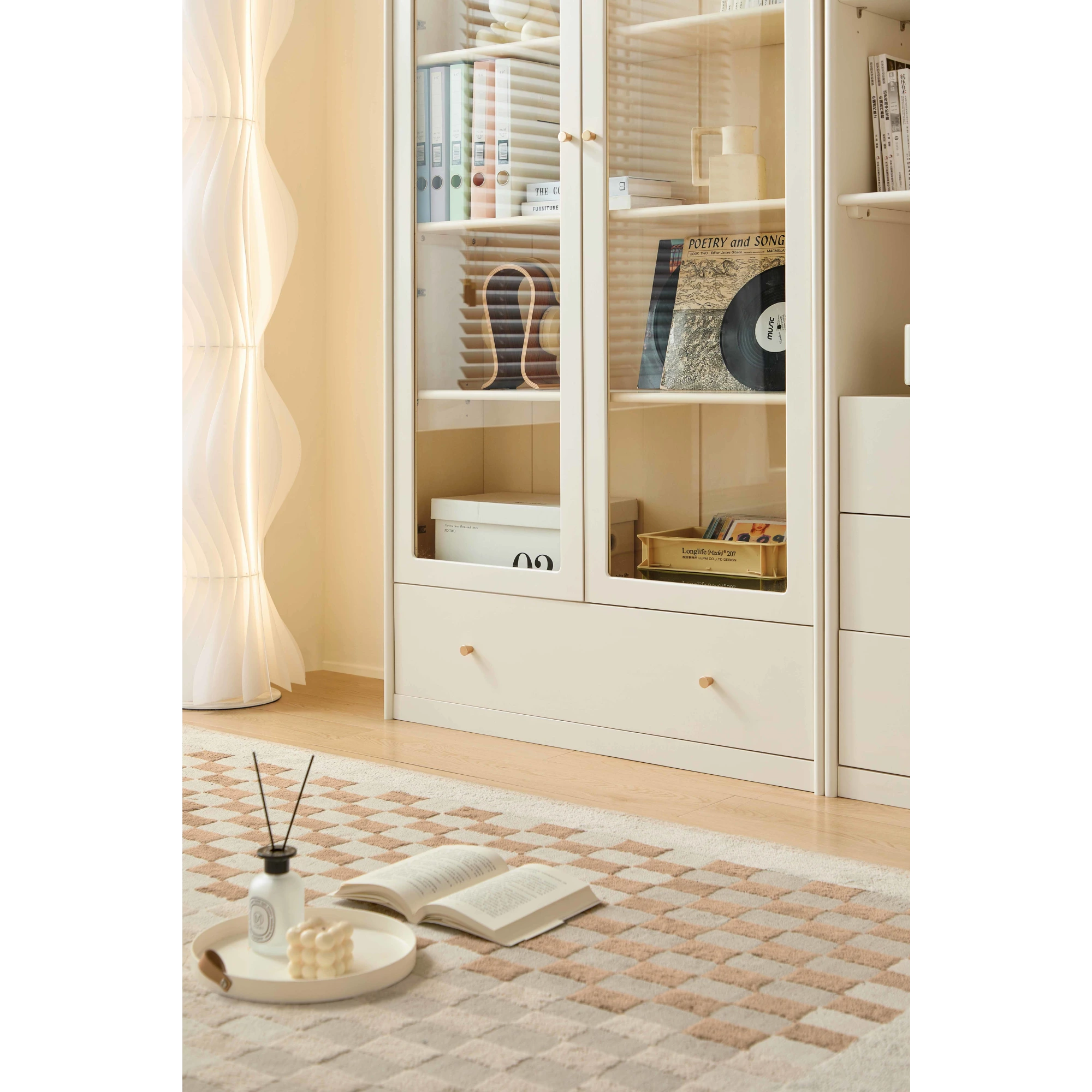 Linspire Ventus Bookcase with Glass Door & Storage Drawers, Off-White