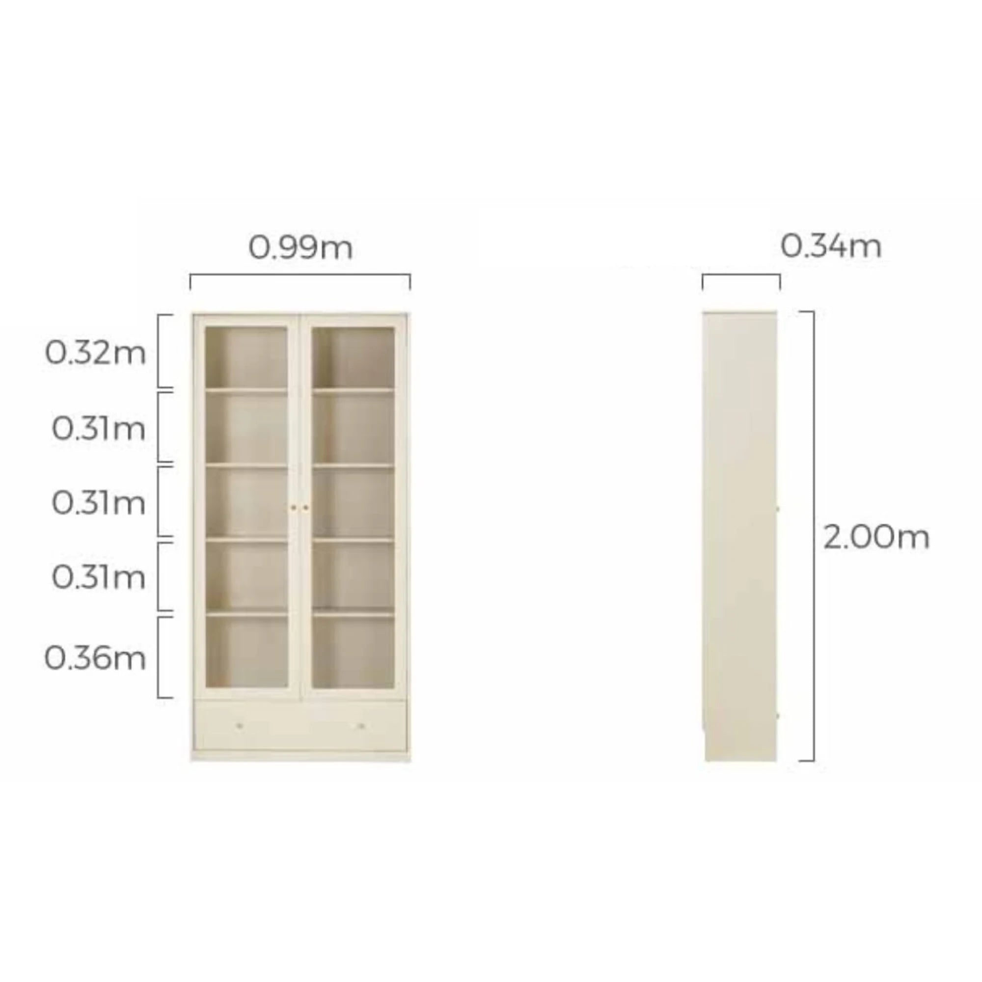 Linspire Ventus Bookcase with Glass Door & Storage Drawers, Off-White