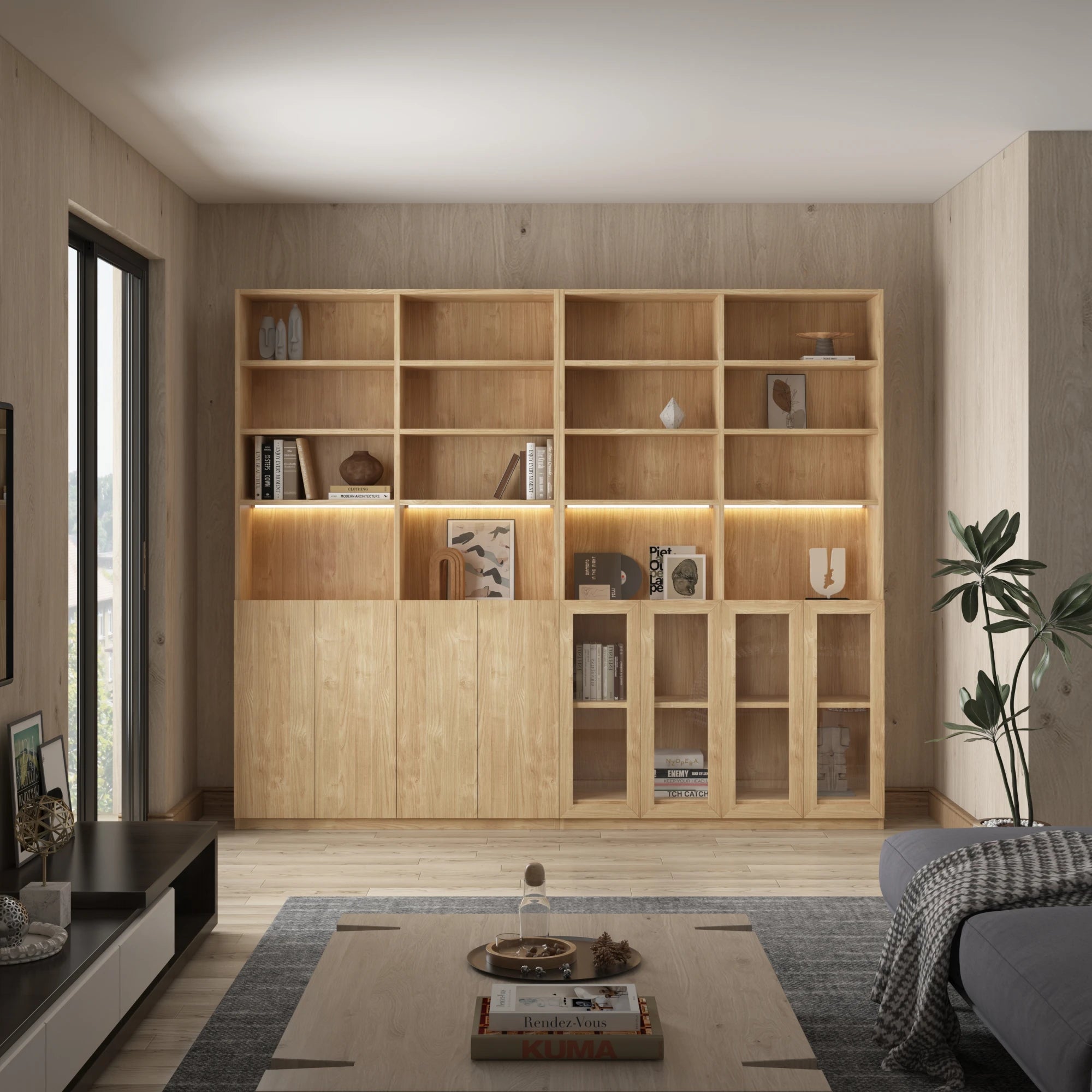 Loft Kiri Bookcase with 4 Doors, 120cm, Natural Wood