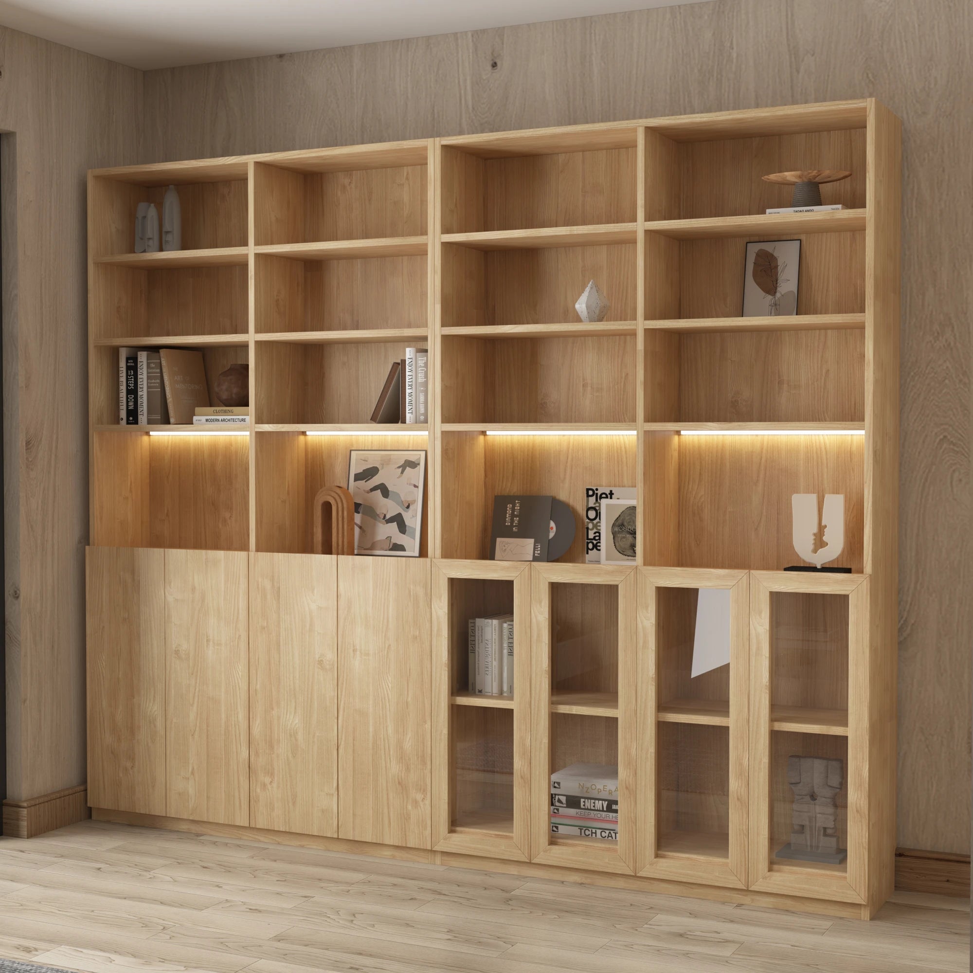 Loft Kiri Bookcase with 4 Doors, 120cm, Natural Wood