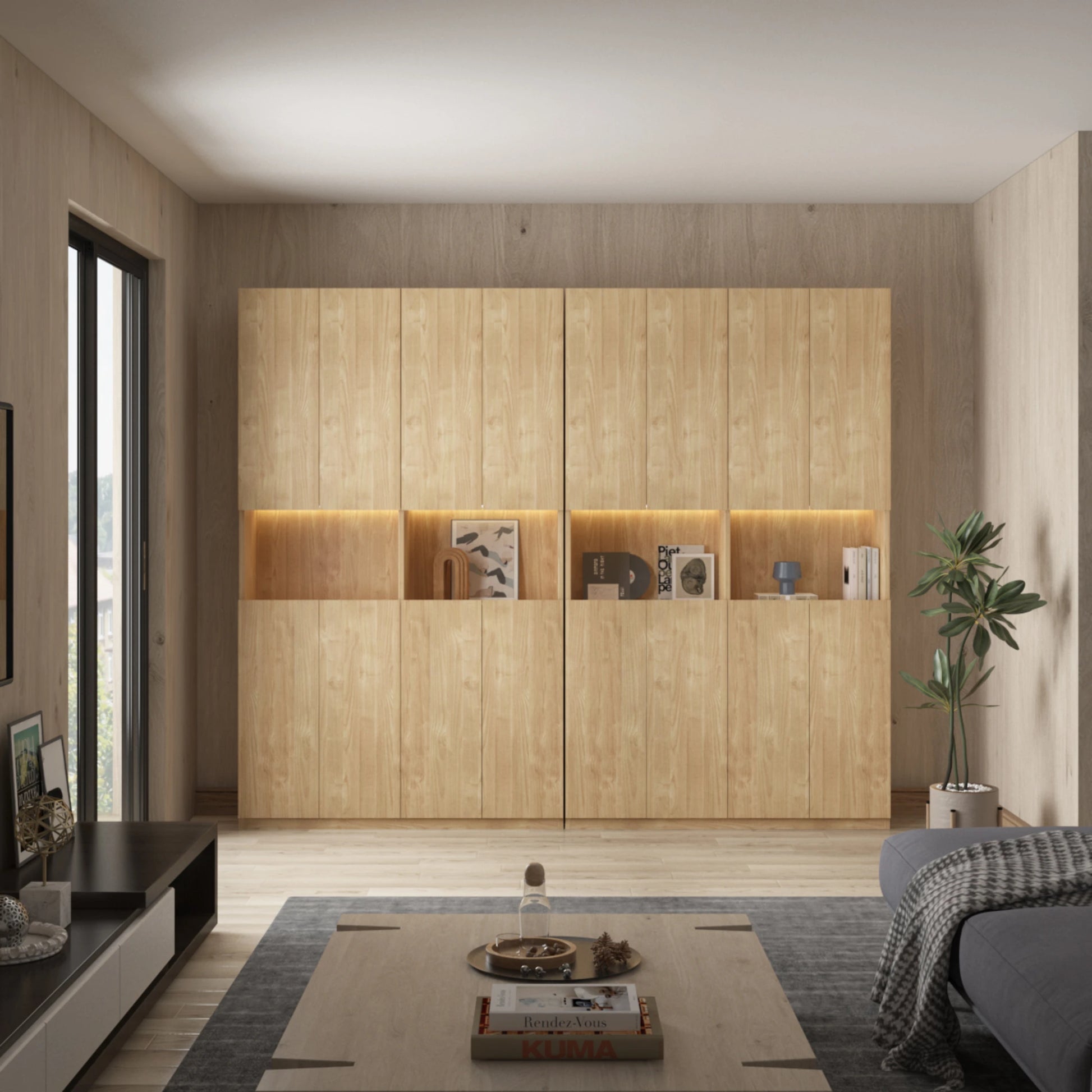 Loft Kiri Bookcase with 8 Doors, 120cm, Natural Wood