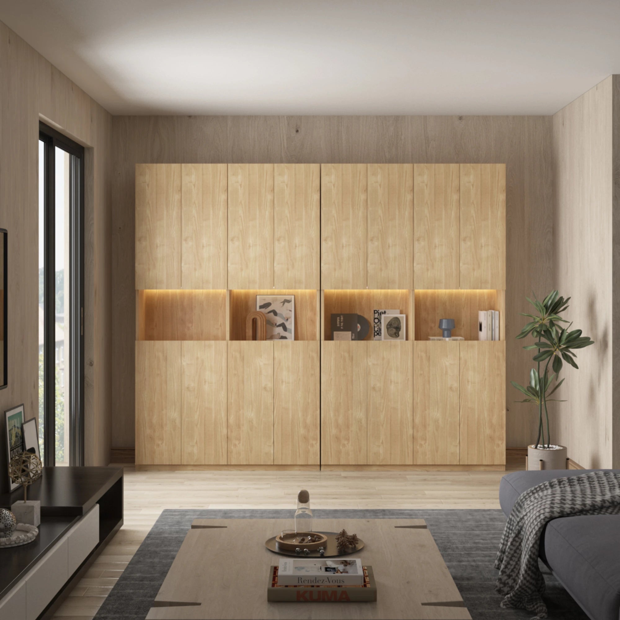 Loft Kiri Bookcase with 8 Doors, 120cm, Natural Wood