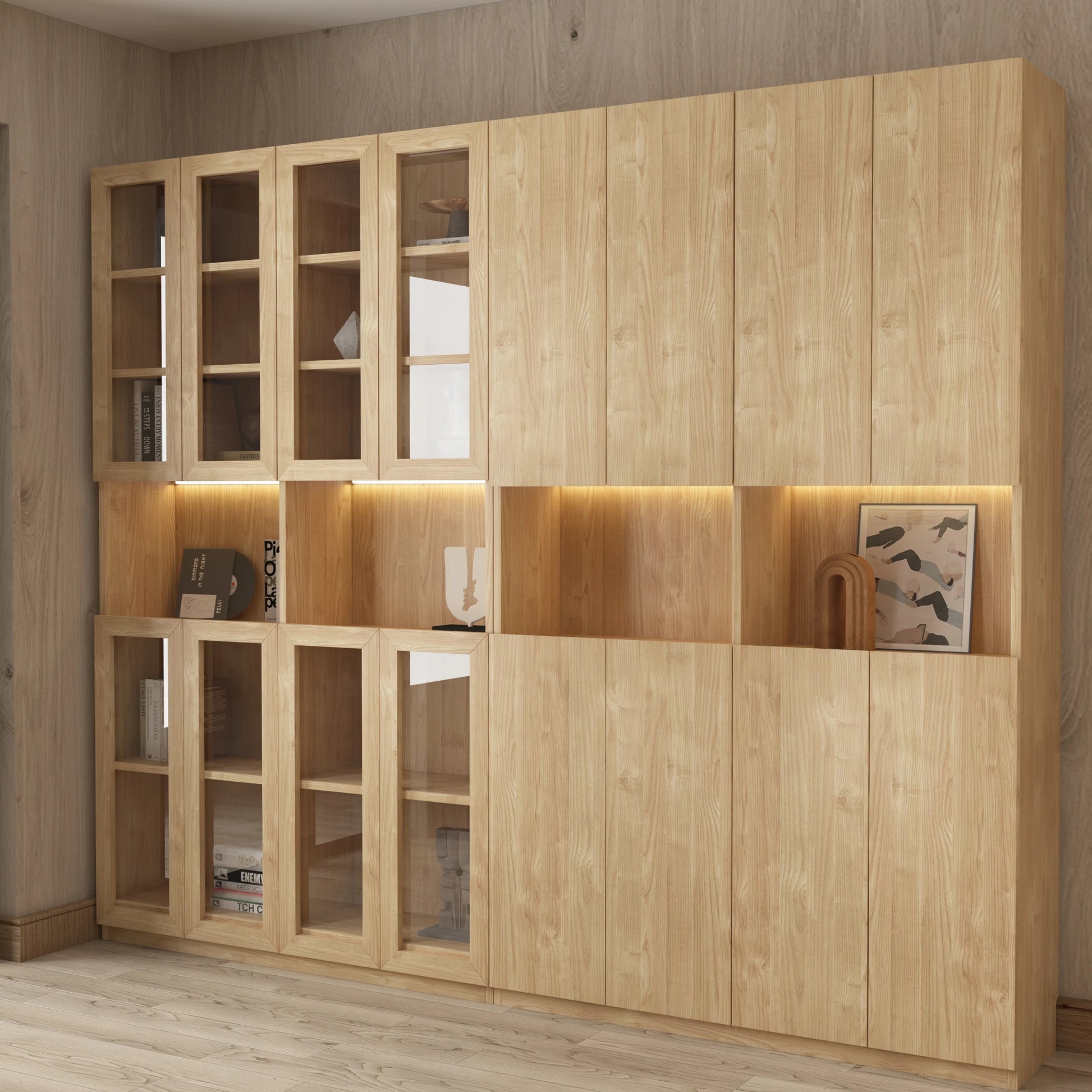 Loft Kiri Bookcase with 8 Doors, 120cm, Natural Wood