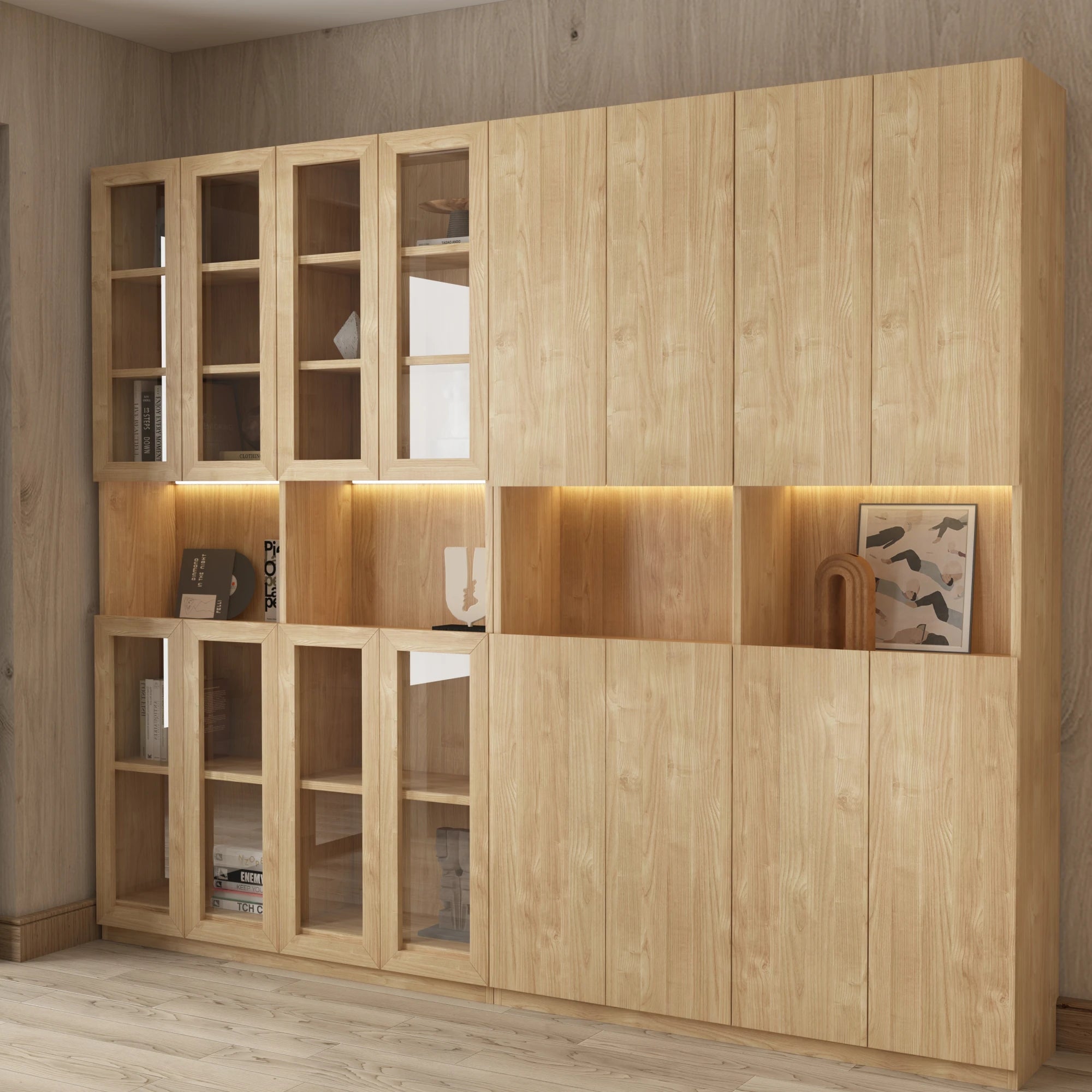 Loft Kiri Bookcase with 8 Doors, 120cm, Natural Wood