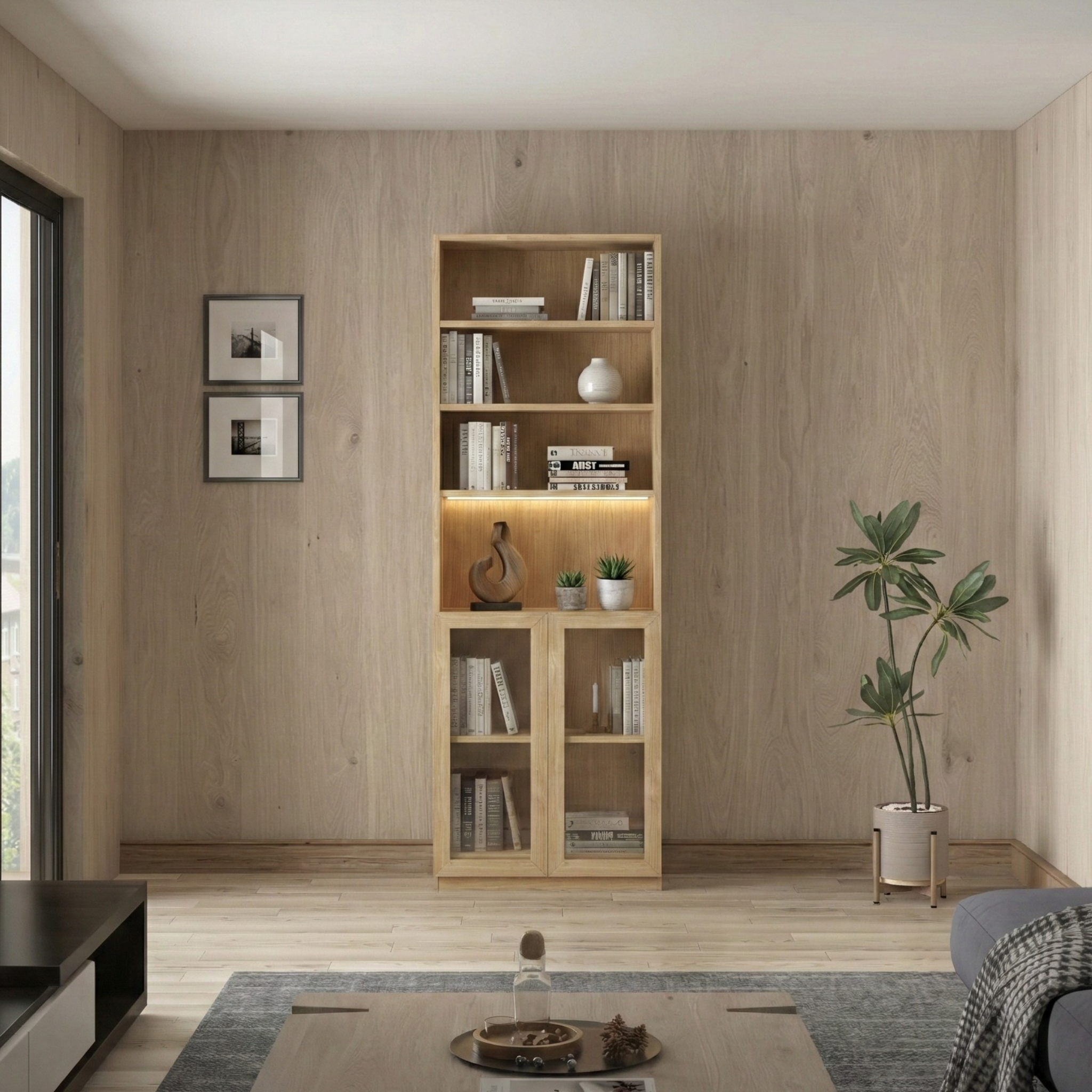 Loft Kiri Bookcase with 2 Glass Doors, W60cm, Natural Wood