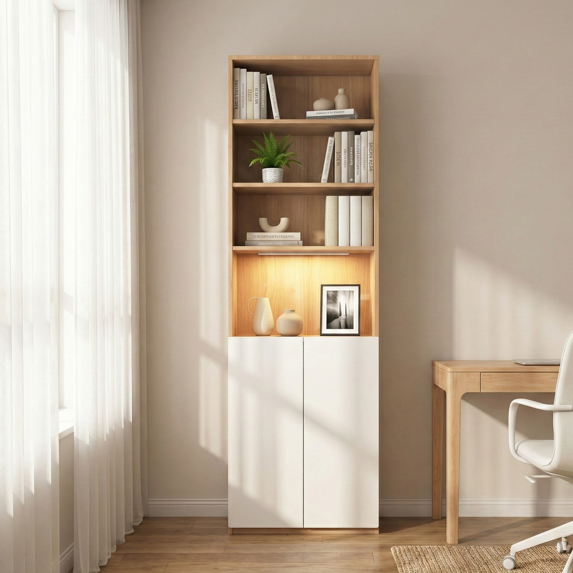 Loft Kiri Bookcase with 2 Doors, W60cm, Natural Wood & White