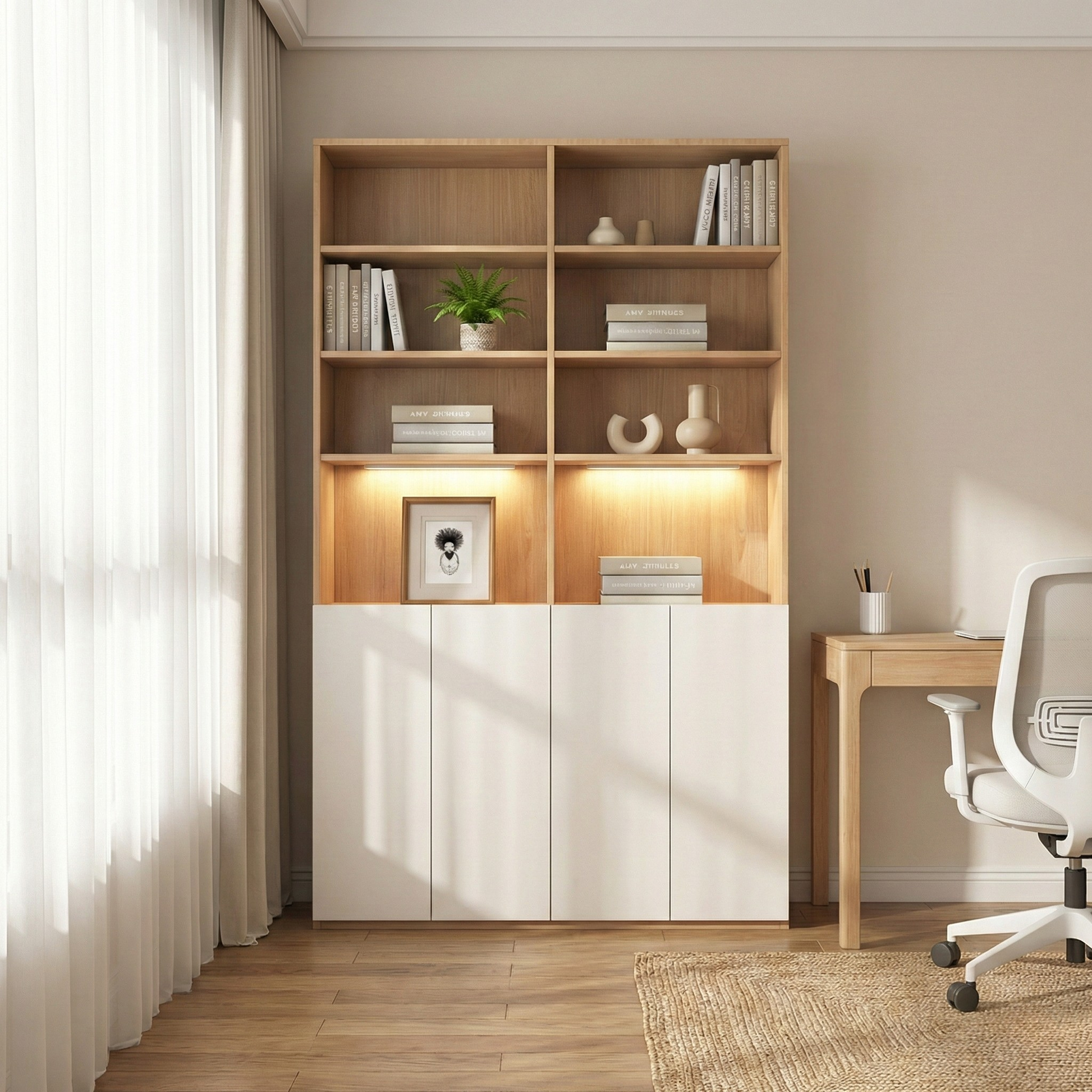 Loft Kiri Bookcase with 4 Doors, W120cm, Natural Wood & White