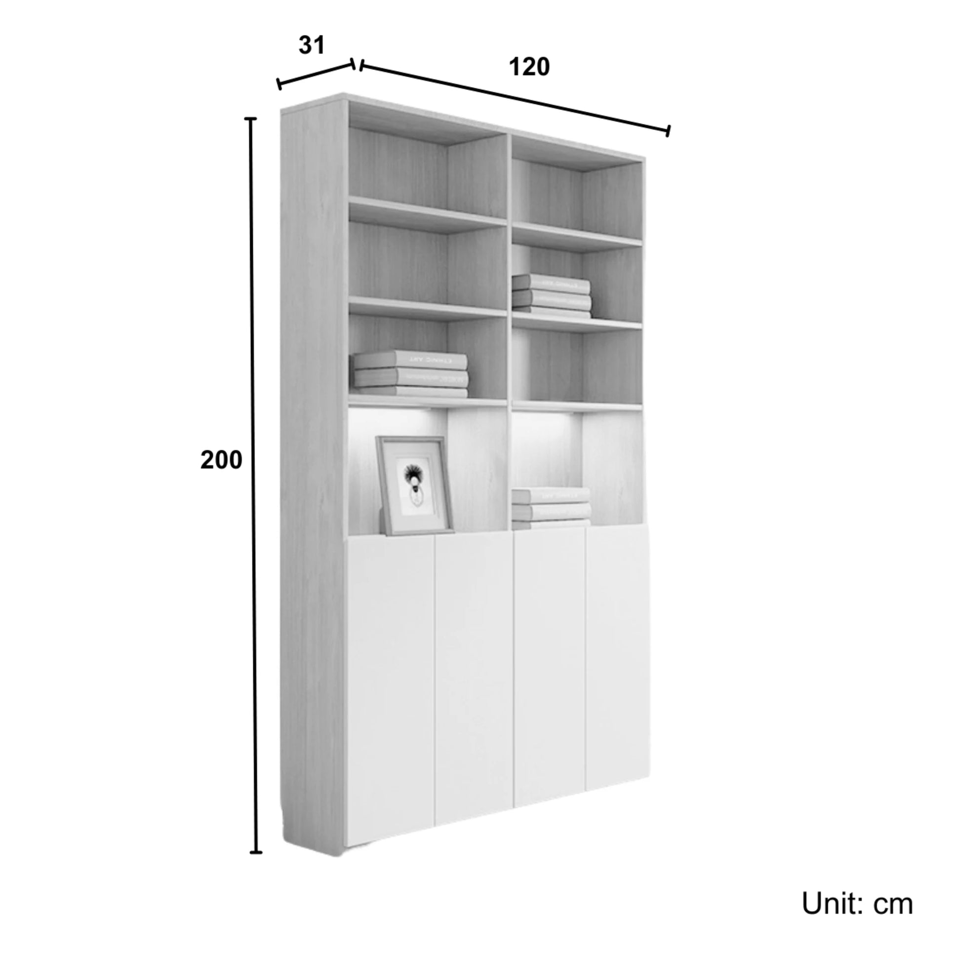 Loft Kiri Bookcase with 4 Doors, 120cm, Natural Wood & White
