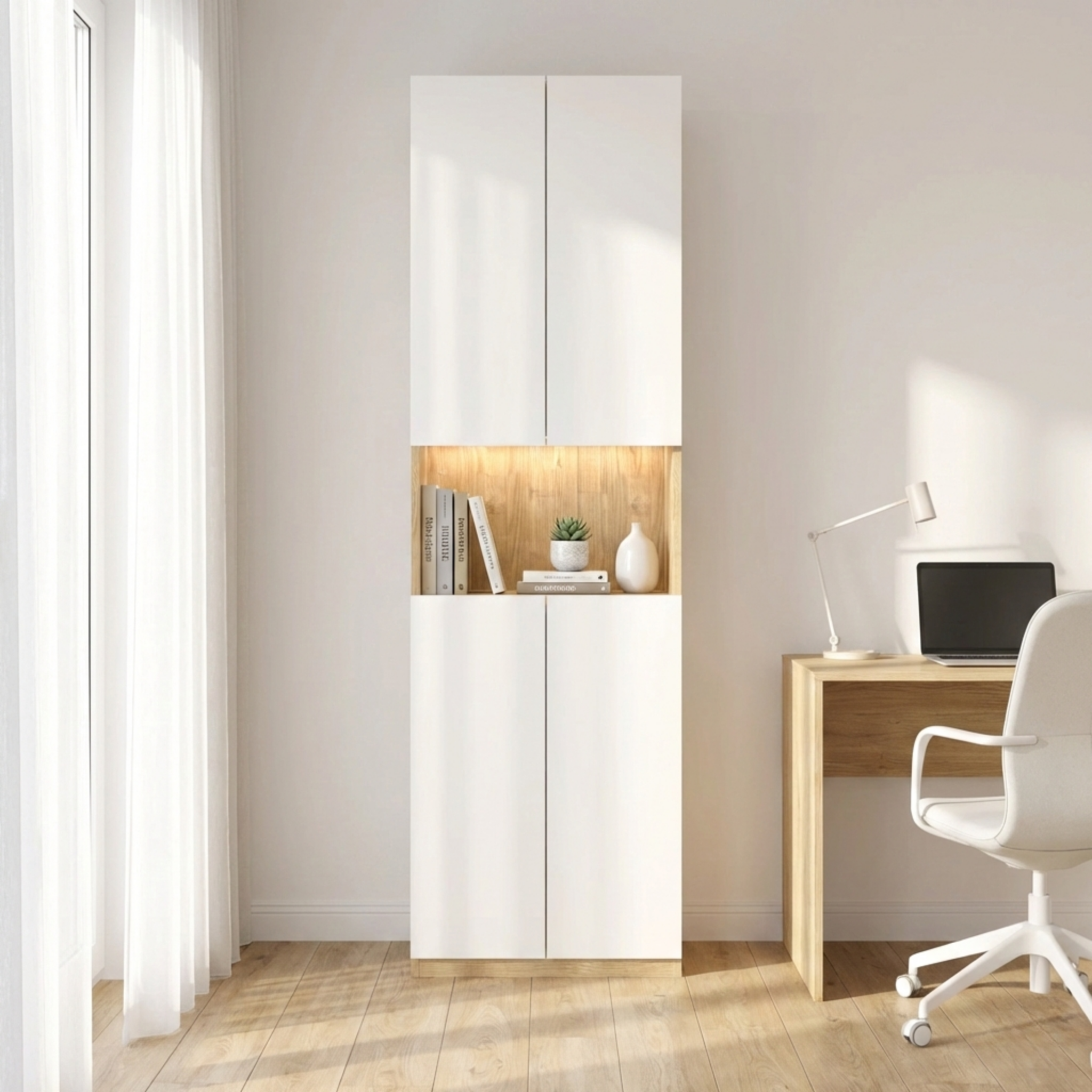 Loft Kiri Bookcase with 4 Doors, W60cm, White & Natural Wood