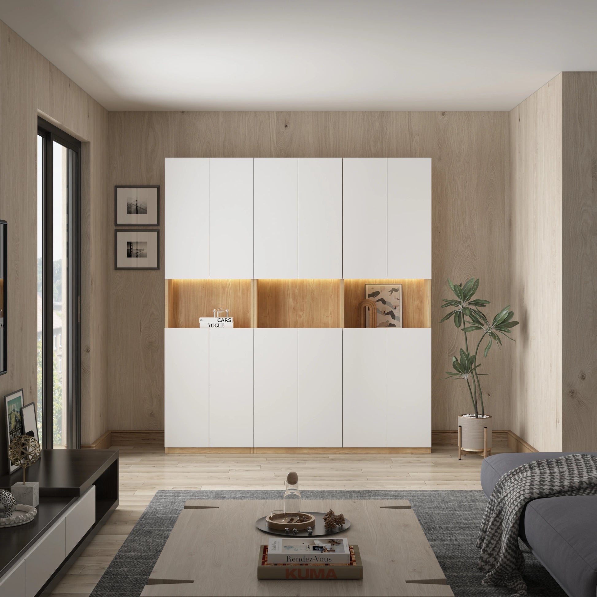 Loft Kiri Bookcase with 8 Doors, 120cm, White & Natural Wood