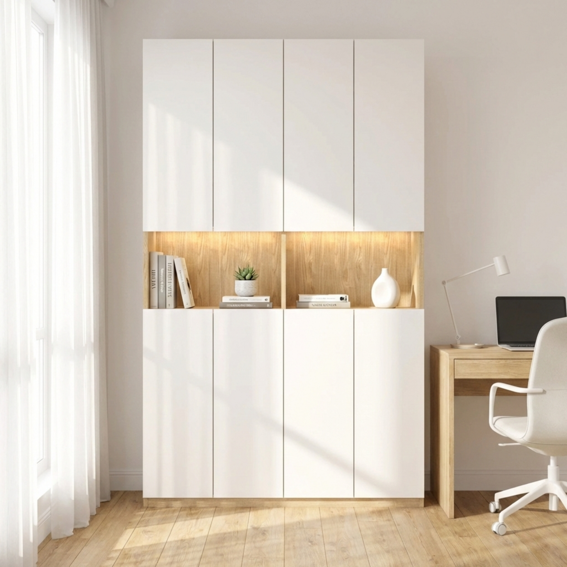 Loft Kiri Bookcase with 8 Doors, W120cm, White & Natural Wood