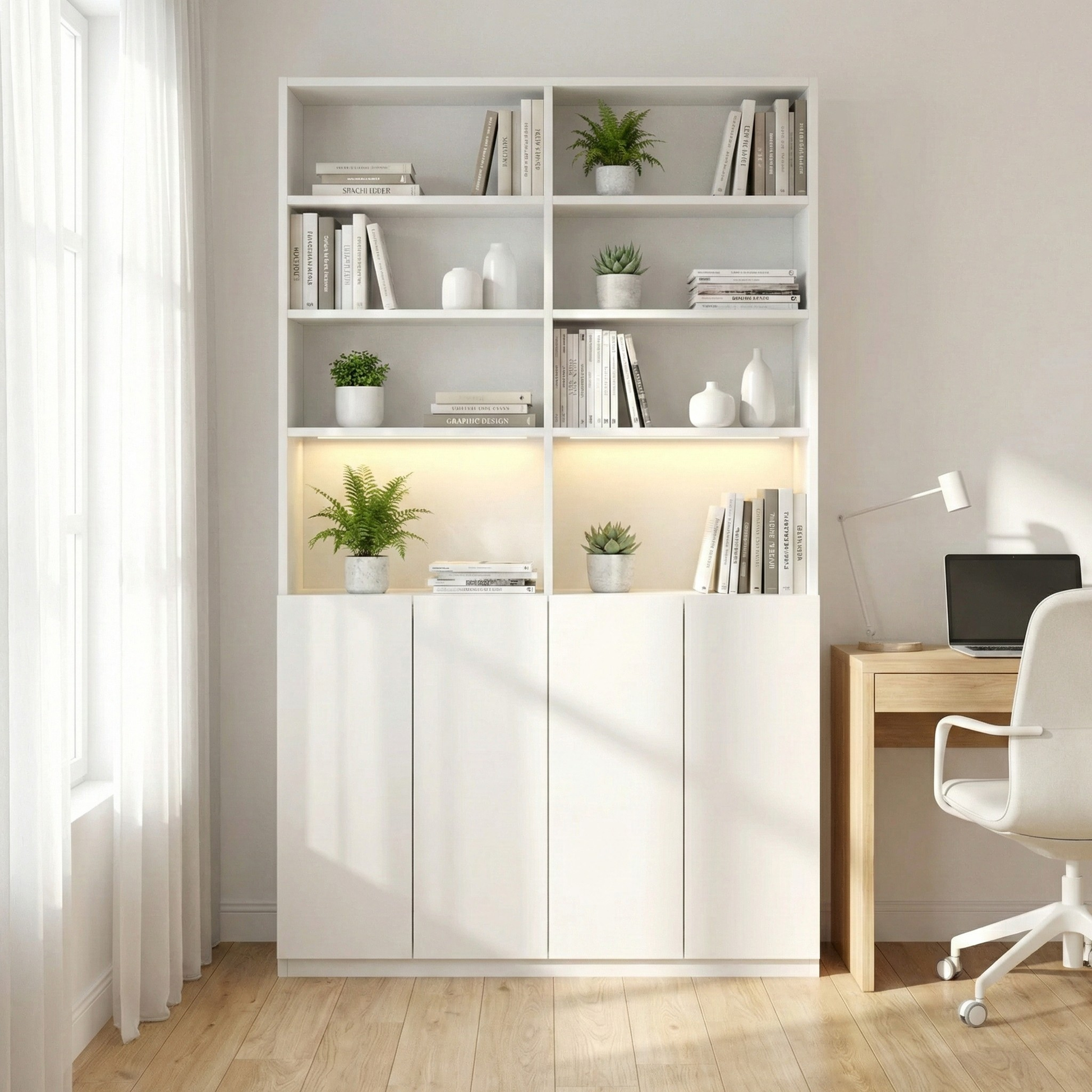 Loft Kiri Bookcase with 4 Doors, W120cm, White
