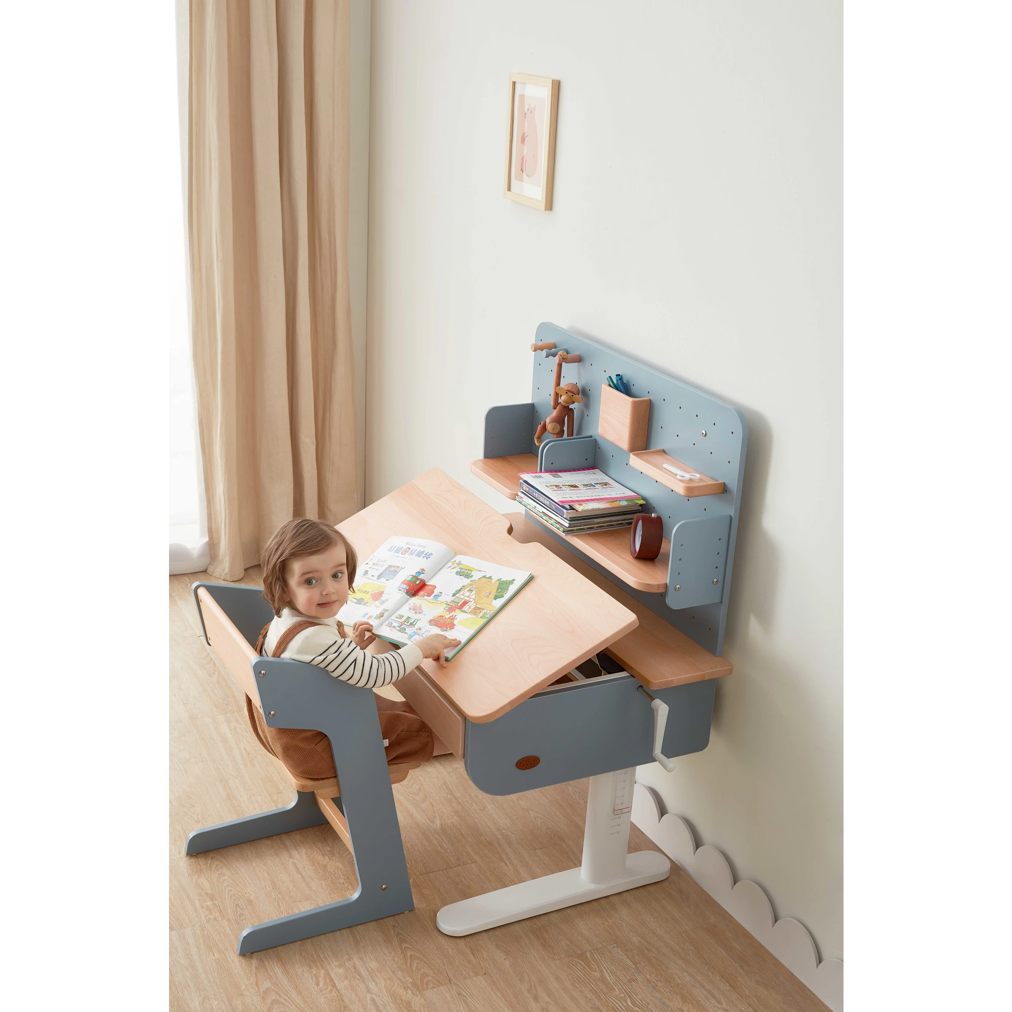 Boori Ergonomic Kids Desk (100cm) With Pegboard Hutch Package, Blueberry