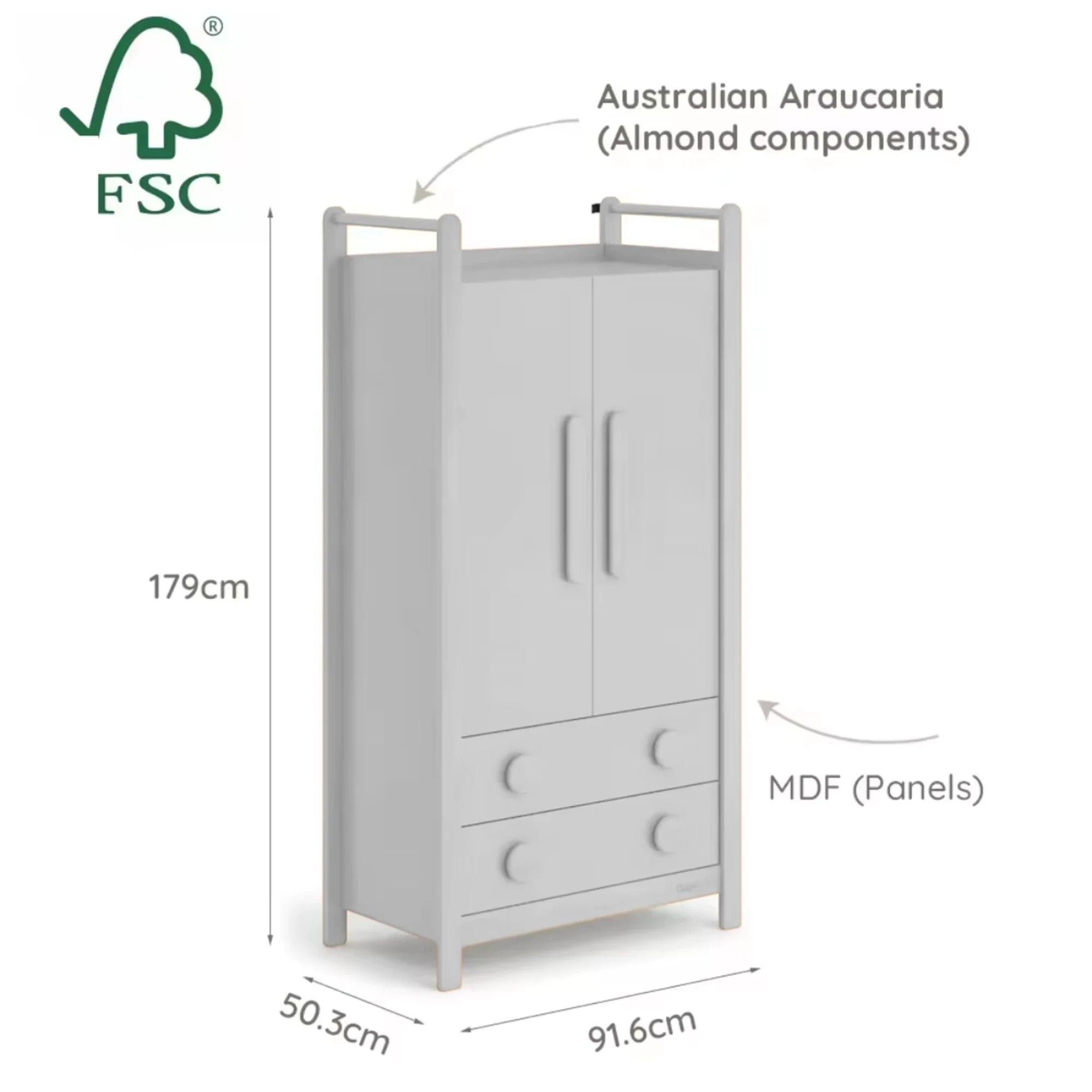 Boori Tidy Kids 2 Door Wardrobe With 2 Drawers, Barley