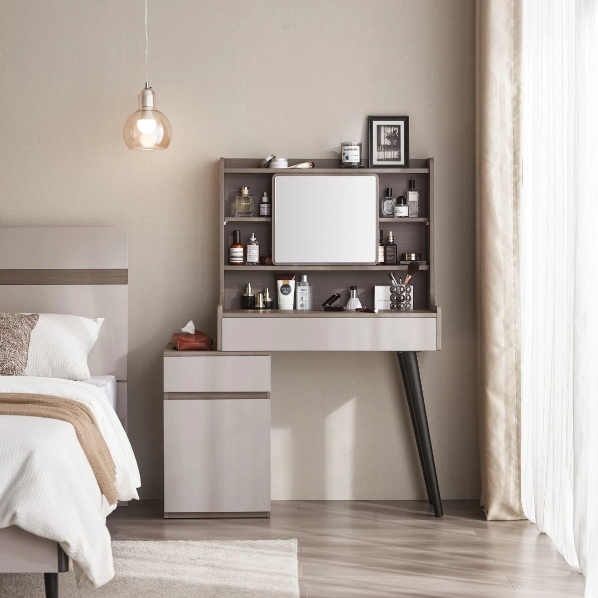 Linspire Juniper Extendable Dressing Table with Cabinet, Dark Wood & Light Grey