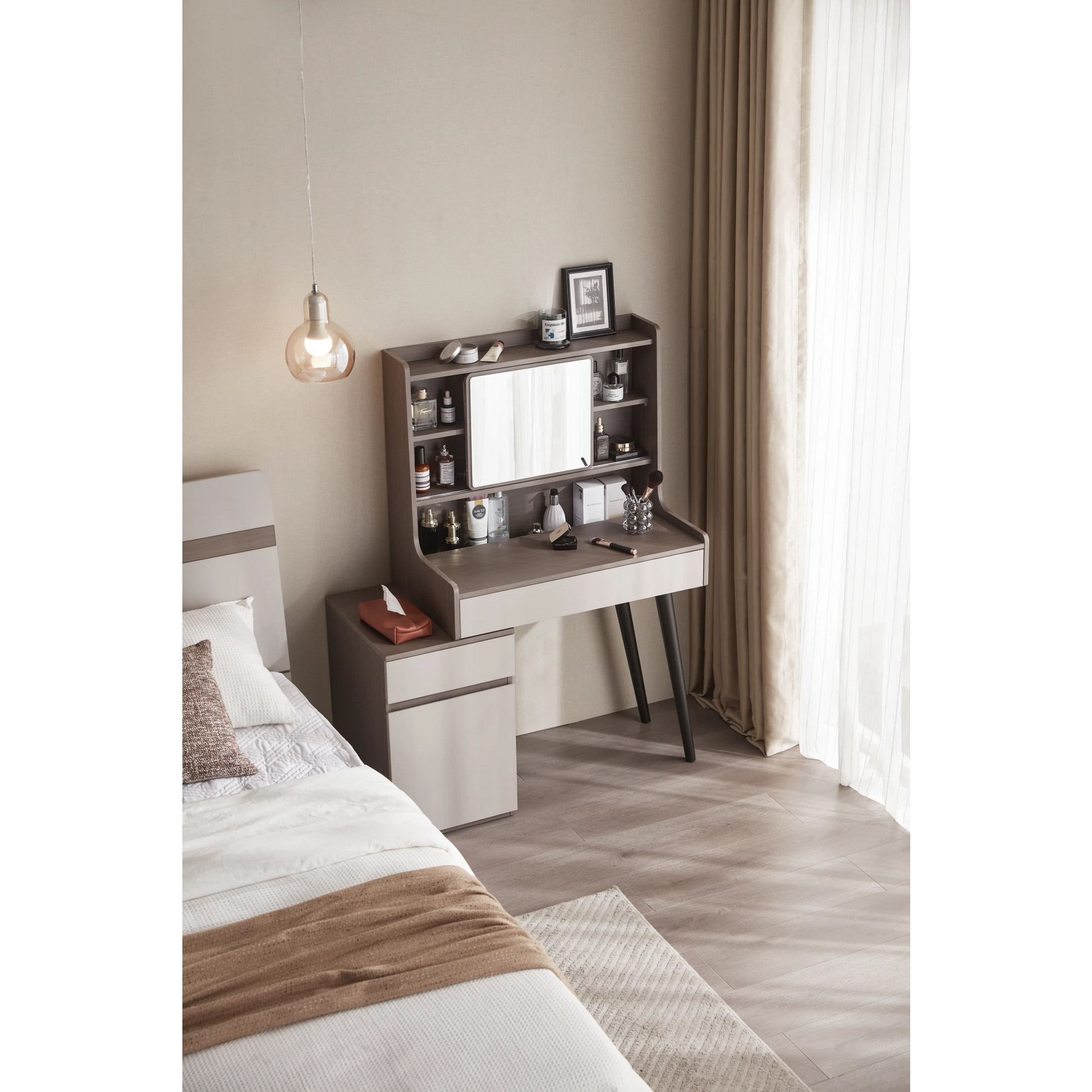 Linspire Juniper Extendable Dressing Table with Cabinet, Dark Wood & Light Grey