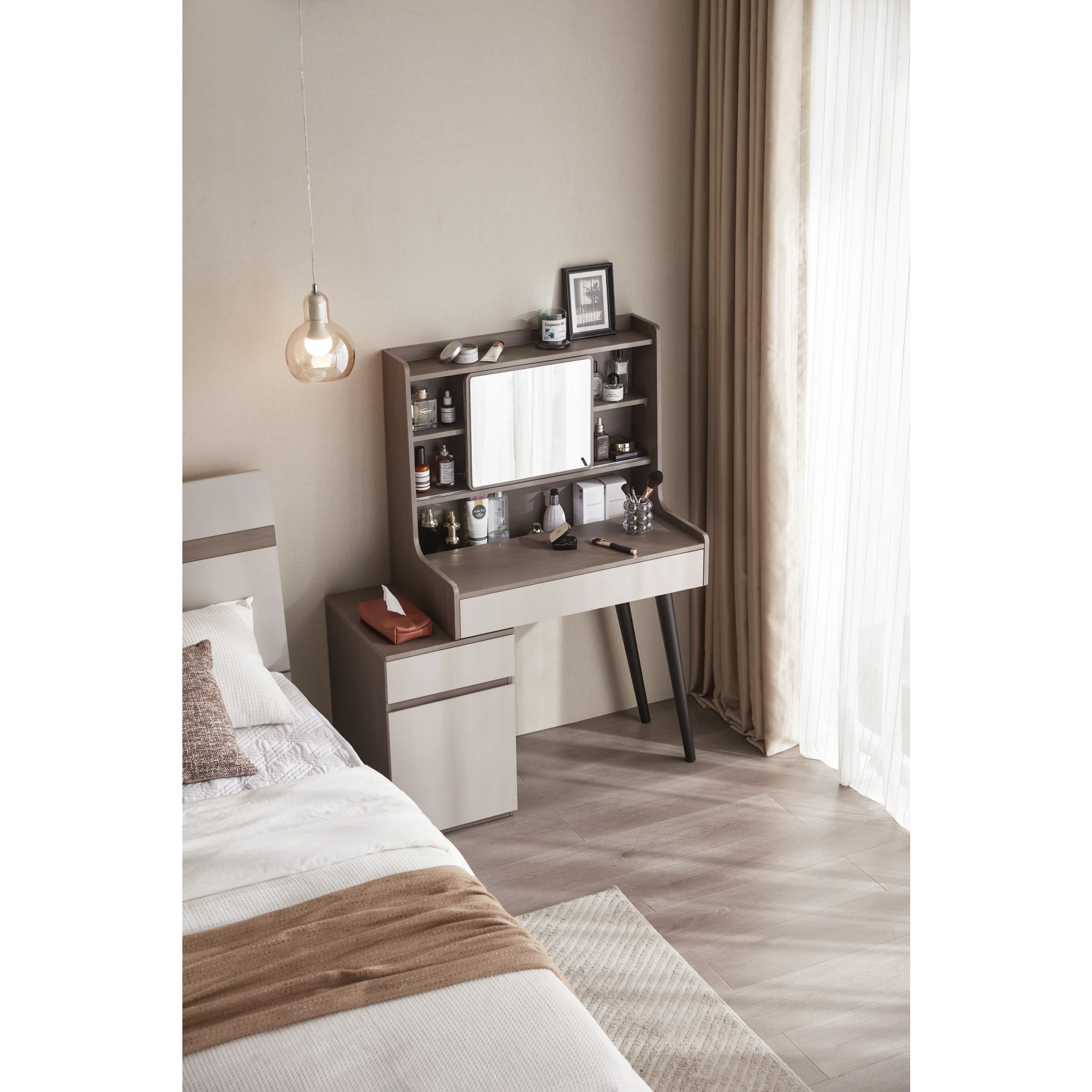 Linspire Juniper Extendable Dressing Table with Cabinet, Dark Wood & Light Grey