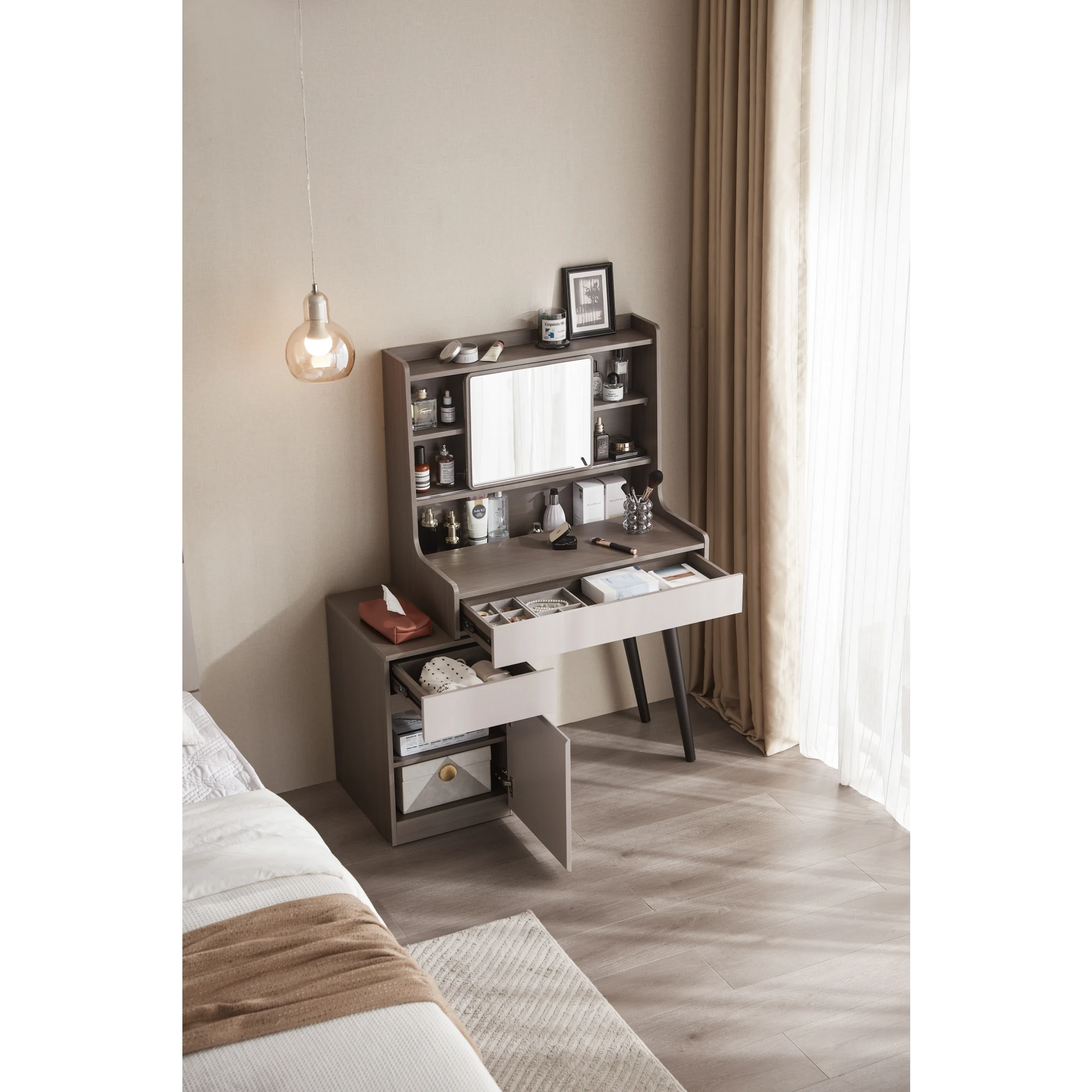 Linspire Juniper Extendable Dressing Table with Cabinet, Dark Wood & Light Grey