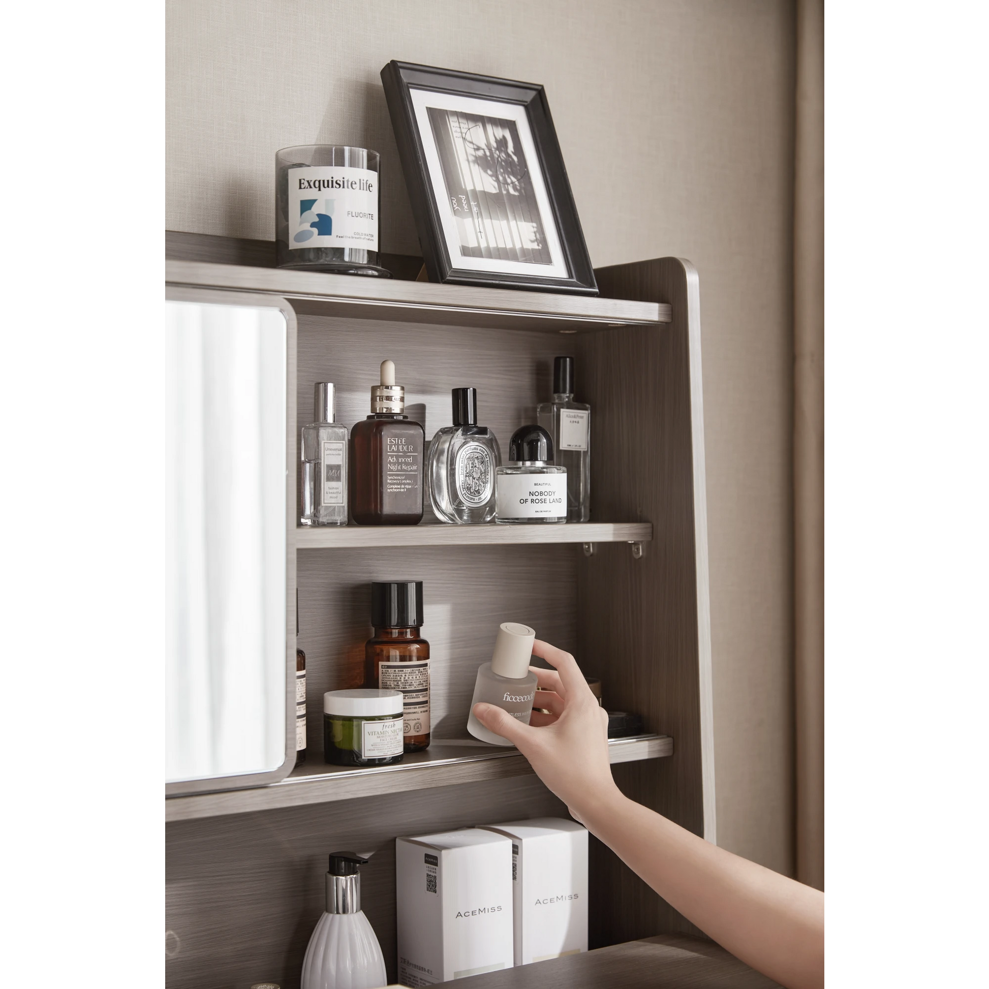 Linspire Juniper Extendable Dressing Table with Cabinet, Dark Wood & Light Grey