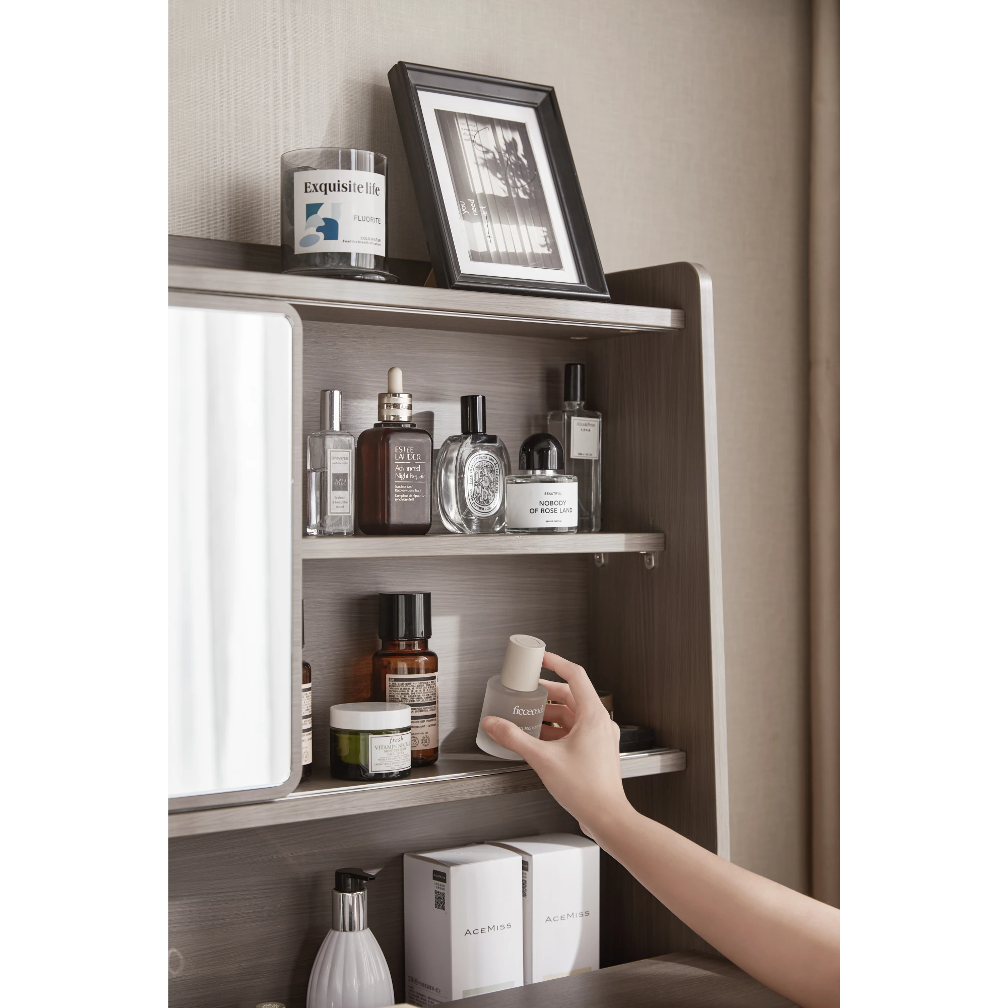 Linspire Juniper Extendable Dressing Table with Cabinet, Dark Wood & Light Grey