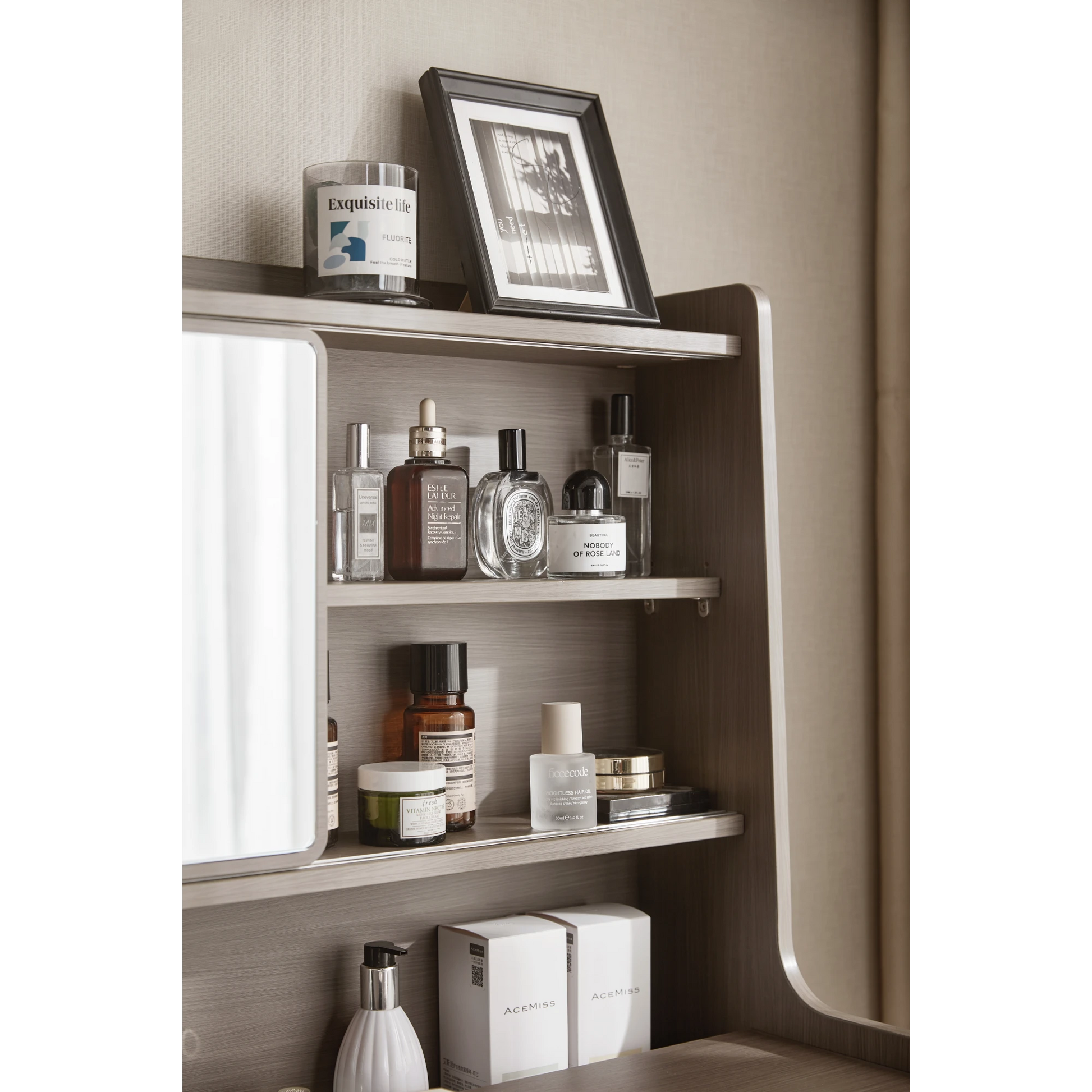 Linspire Juniper Extendable Dressing Table with Cabinet, Dark Wood & Light Grey