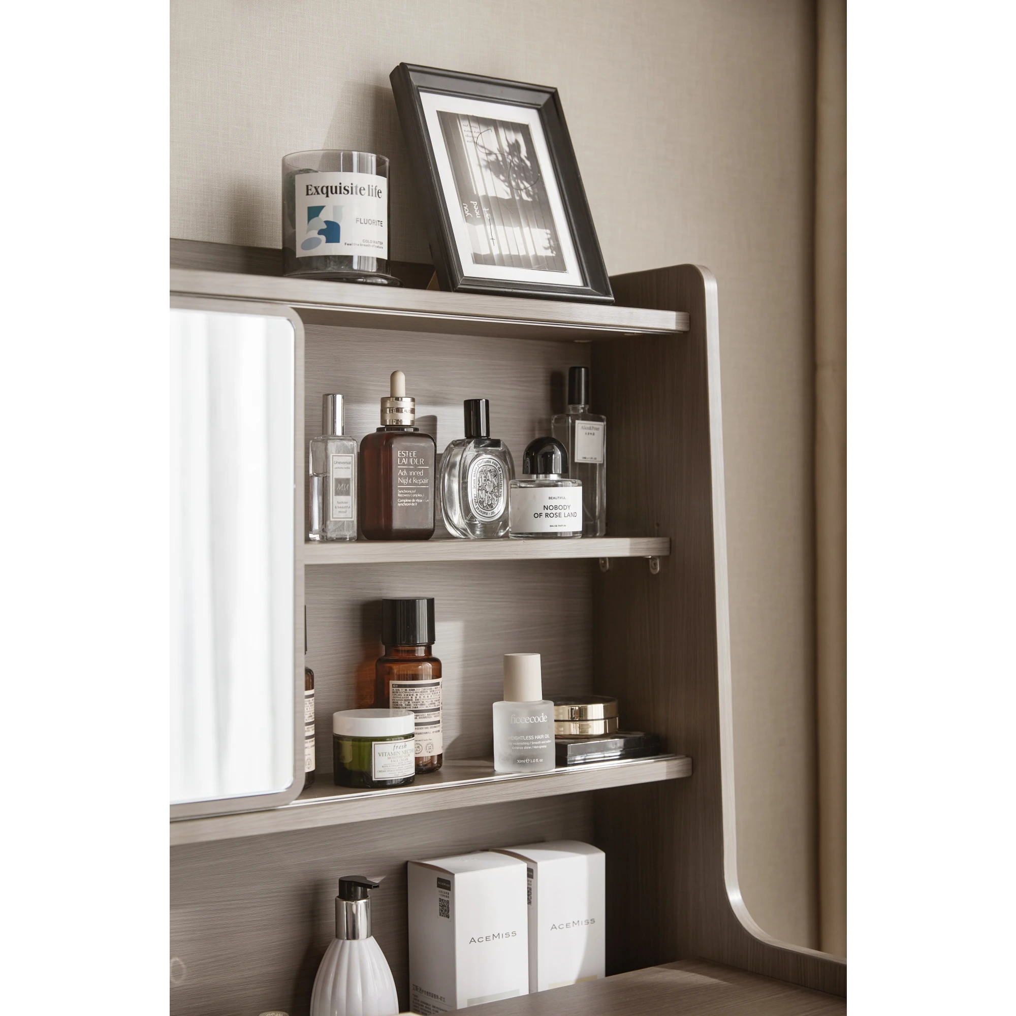 Linspire Juniper Extendable Dressing Table with Cabinet, Dark Wood & Light Grey