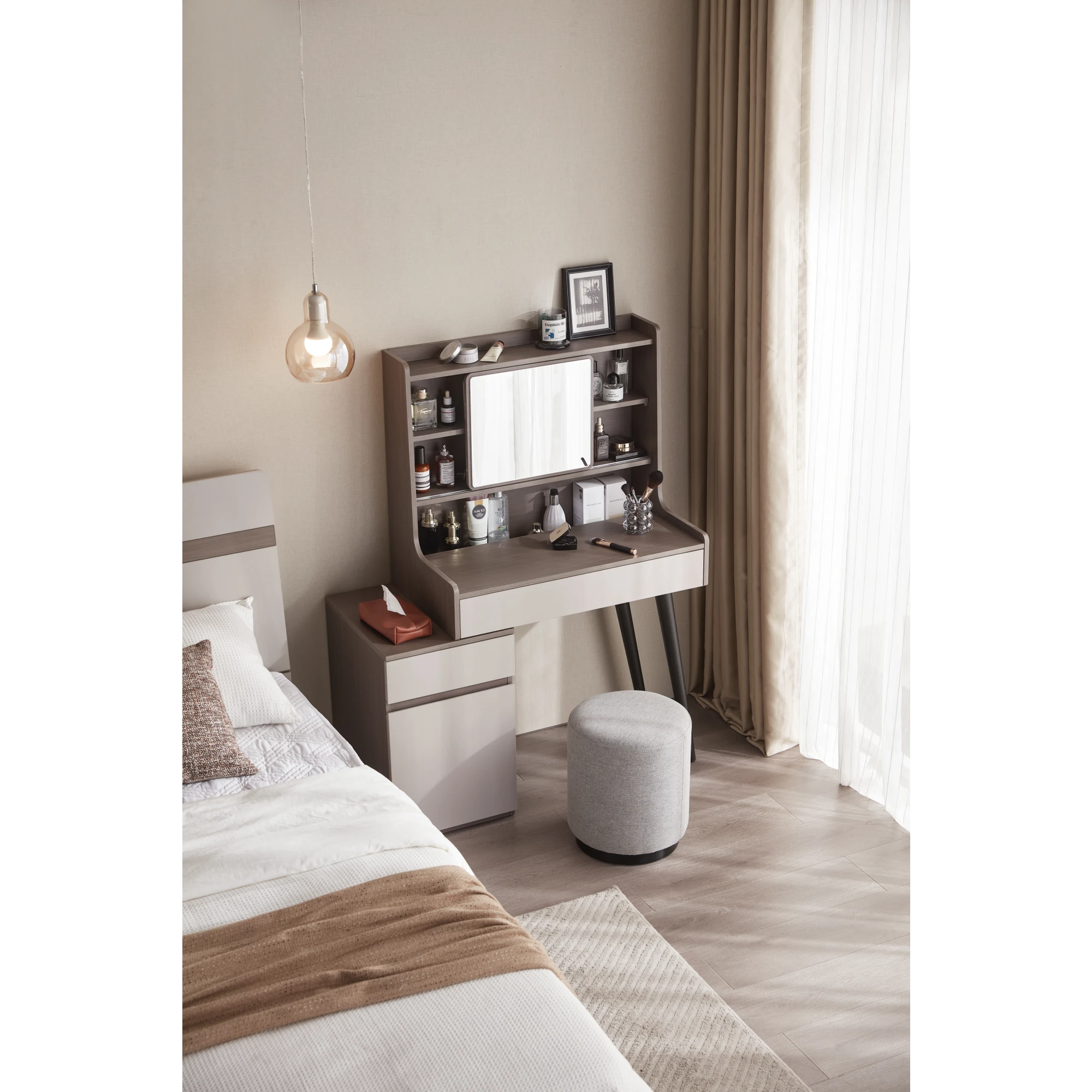 Linspire Juniper Extendable Dressing Table with Cabinet Set, Dark Wood & Light Grey
